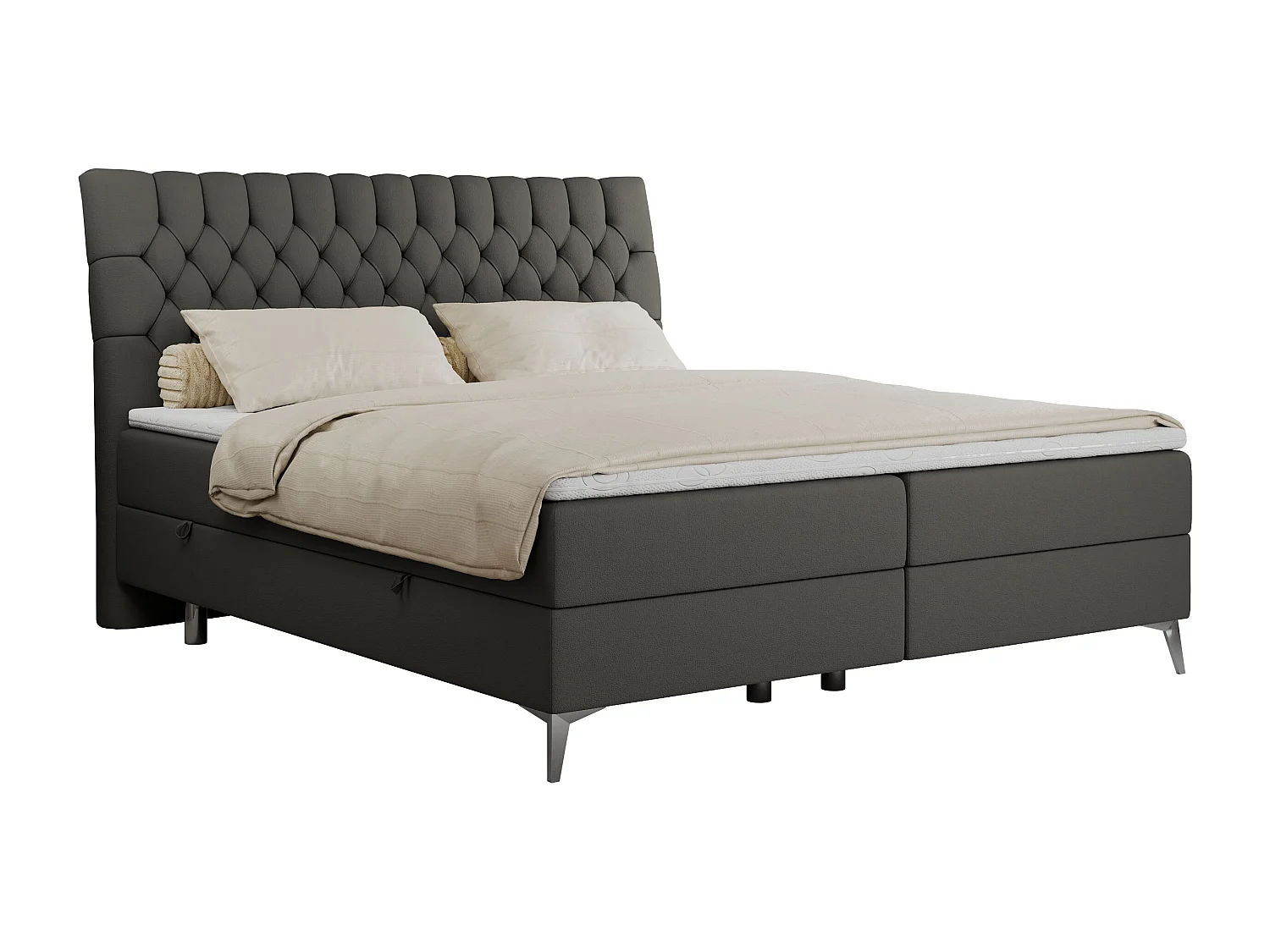 Boxspringbett MILEN - gepolstertes Schlafzimmerbett, zwei Multipocket-Matratze, dekorative hohe Beine - 120x200 cm - H4 - Dunkelgrau Kunstleder