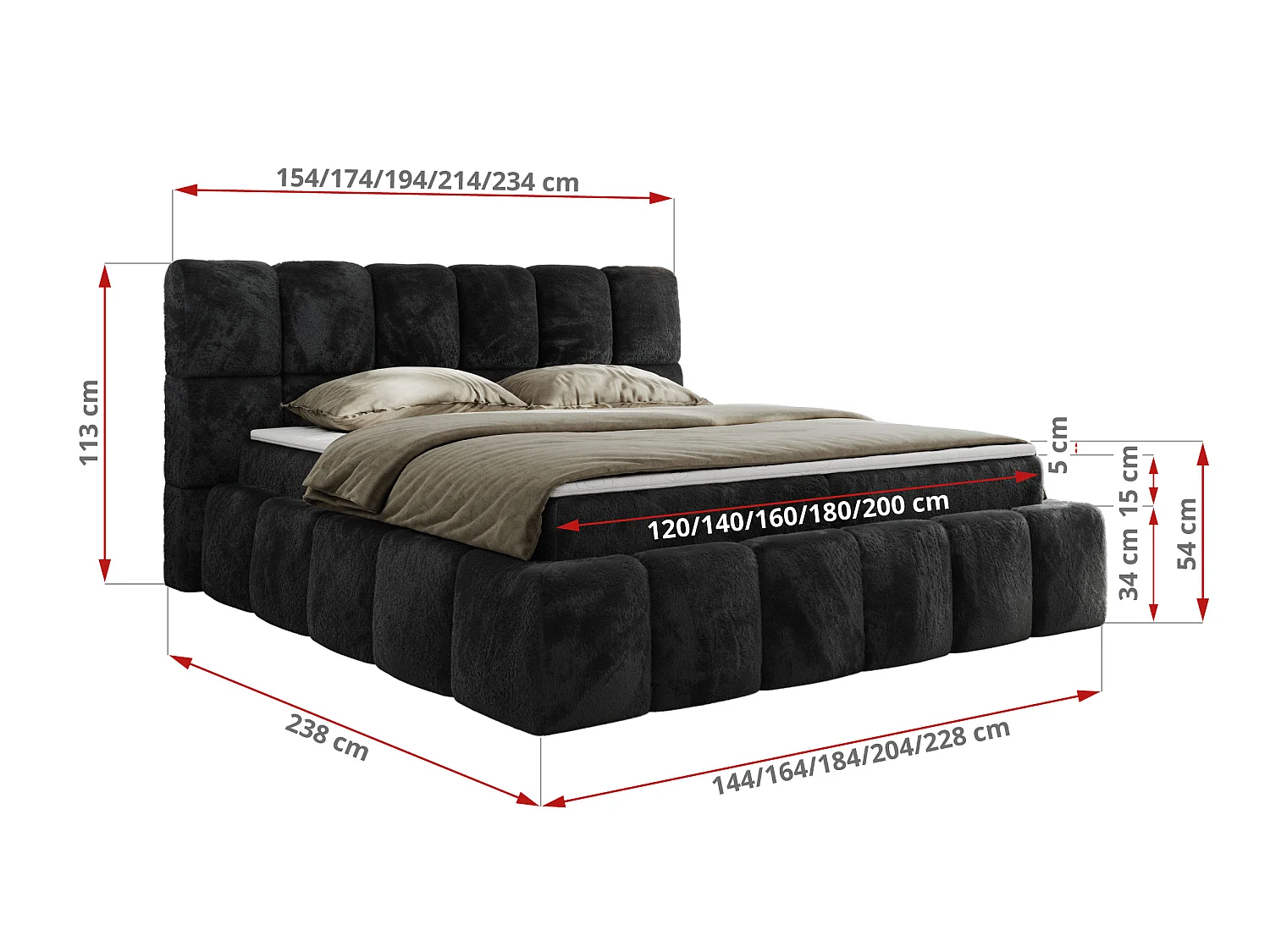 Boxspringbed met hoofdbord H3 + Topper T25 - Donkergrijs Pluche - 160x200 - NIRA