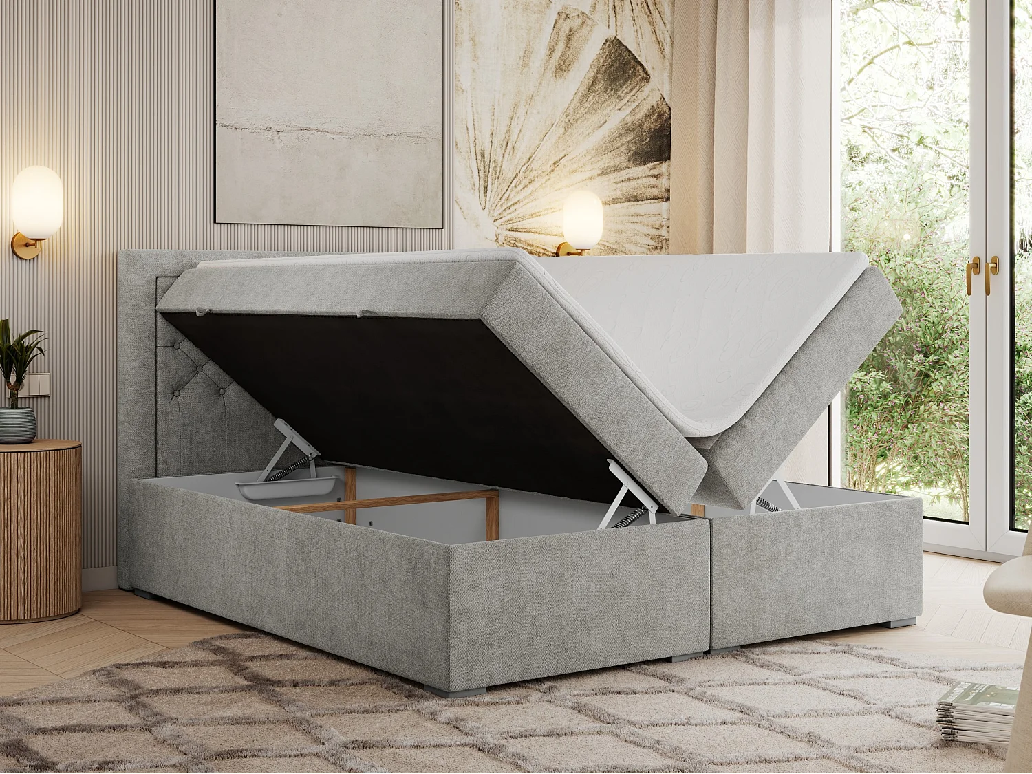 Boxspringbett JASIR - mit gestepptem Kopfteil, Doppelbett für Schlafzimmer, Multipocket-Matratze, Stauraum - 160x200 cm - H3 - Hellgrau Strukture