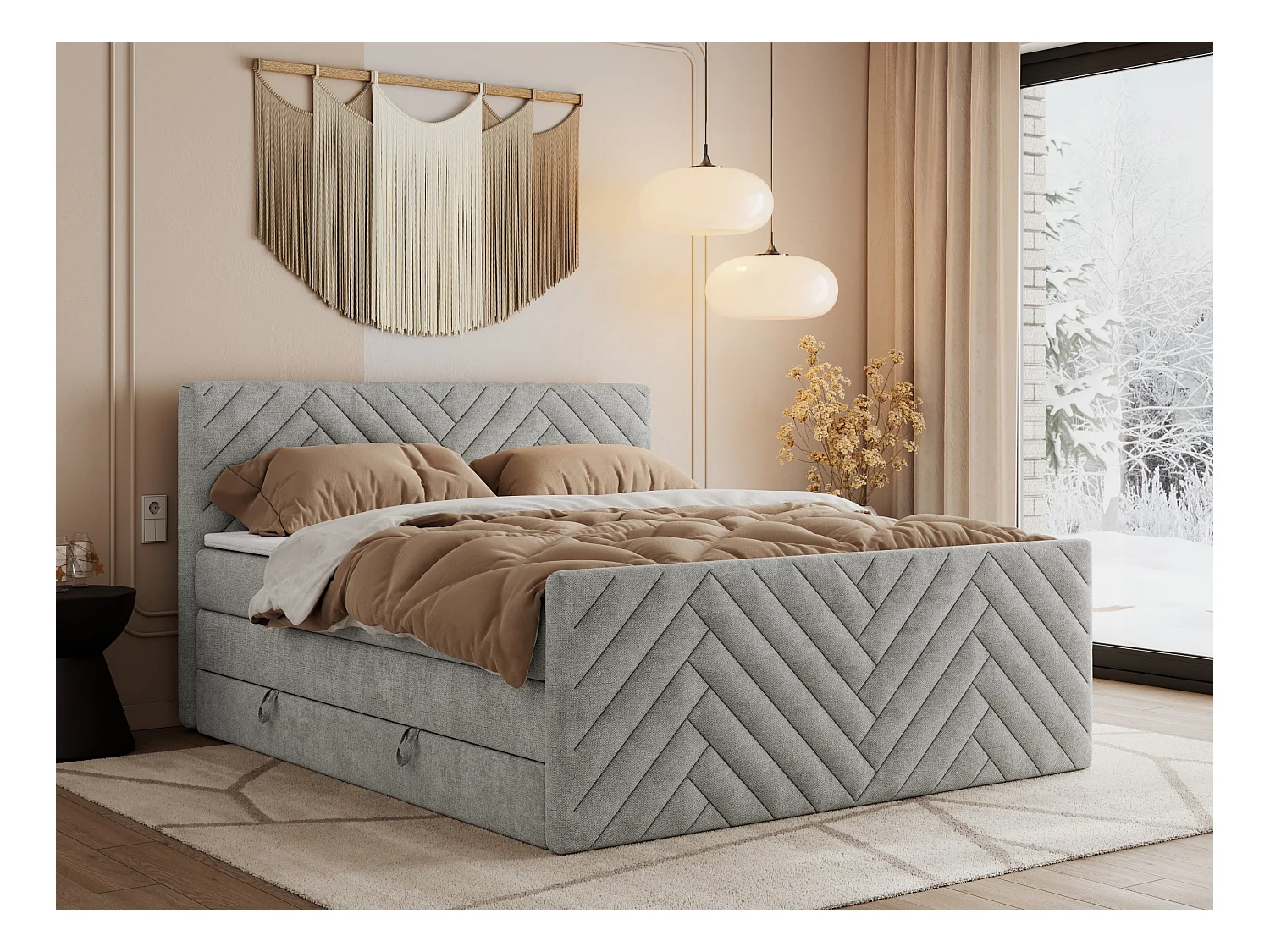 Boxspringbett PARIS KING DUO - dekorative Kopfstütze und Front, zwei Multipocket-Matratze mit Topper - 200x200 cm - H4 - Hellgrau Strukture