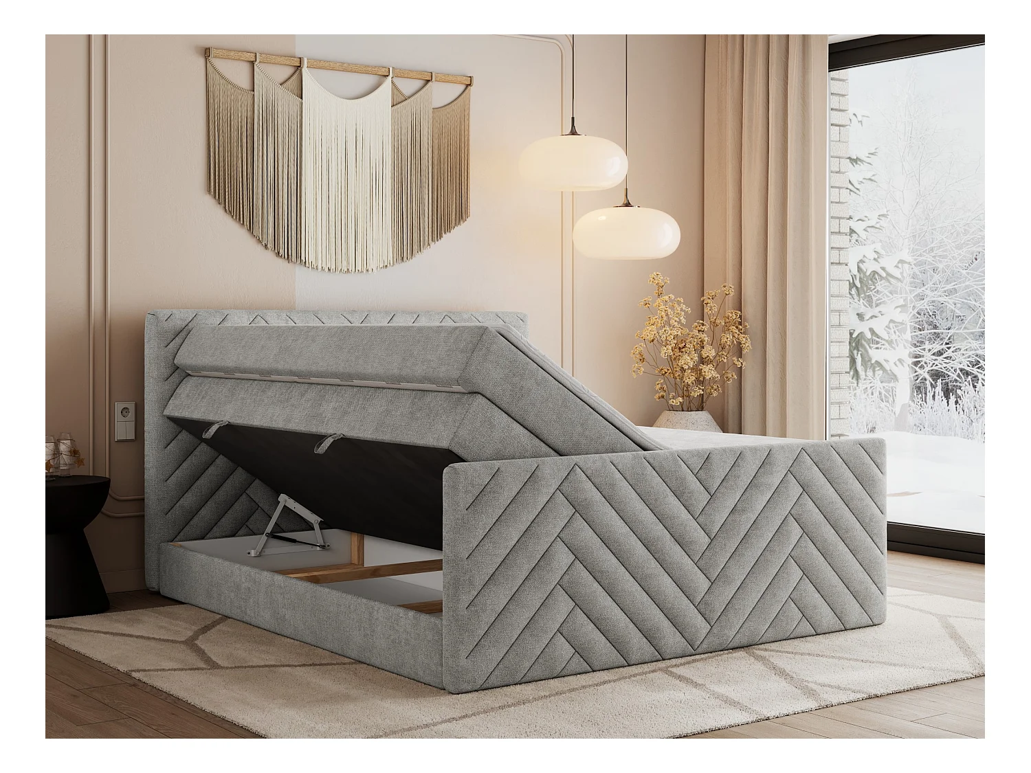 Boxspringbett PARIS KING DUO - dekorative Kopfstütze und Front, zwei Multipocket-Matratze mit Topper - 200x200 cm - H4 - Hellgrau Strukture