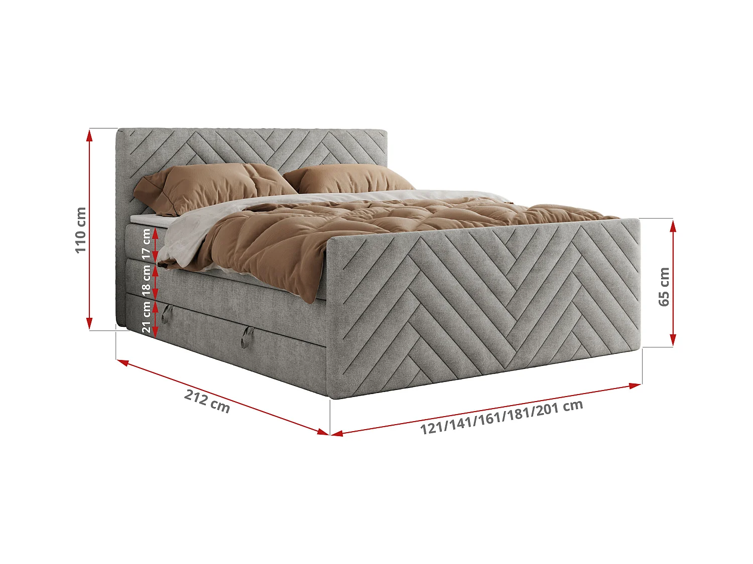 Boxspringbett PARIS KING DUO - dekorative Kopfstütze und Front, zwei Multipocket-Matratze mit Topper - 200x200 cm - H4 - Hellgrau Strukture
