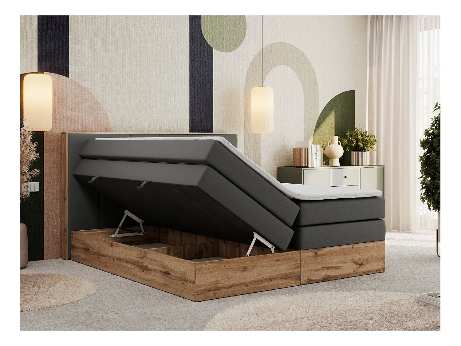 Boxspringbett ALBERO 1 KING - zwei 7 Härtezonen Multipocket-Matratzen, Doppelbett mit Stauraum, Eiche Wotan Holzrahmen - 200x200 cm - H3 - Dunkelgrau Kunstleder