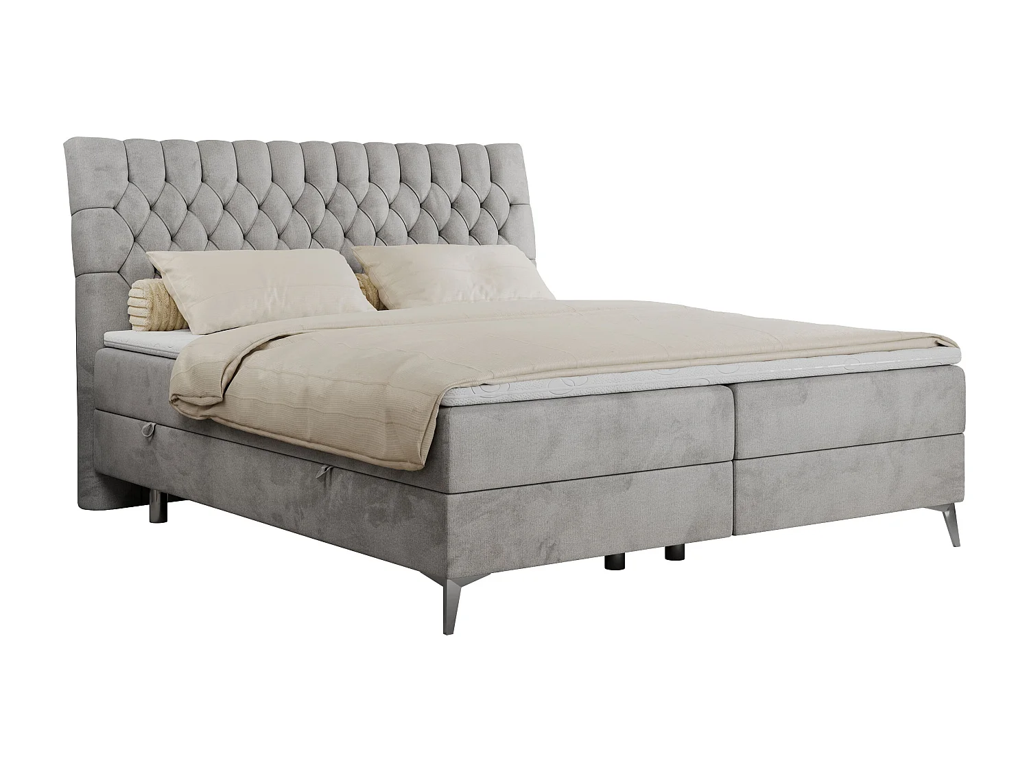 Boxspringbett MILEN - gepolstertes Schlafzimmerbett, zwei Multipocket-Matratze, dekorative hohe Beine - 200x200 cm - H3 - Hellgrau Velvet
