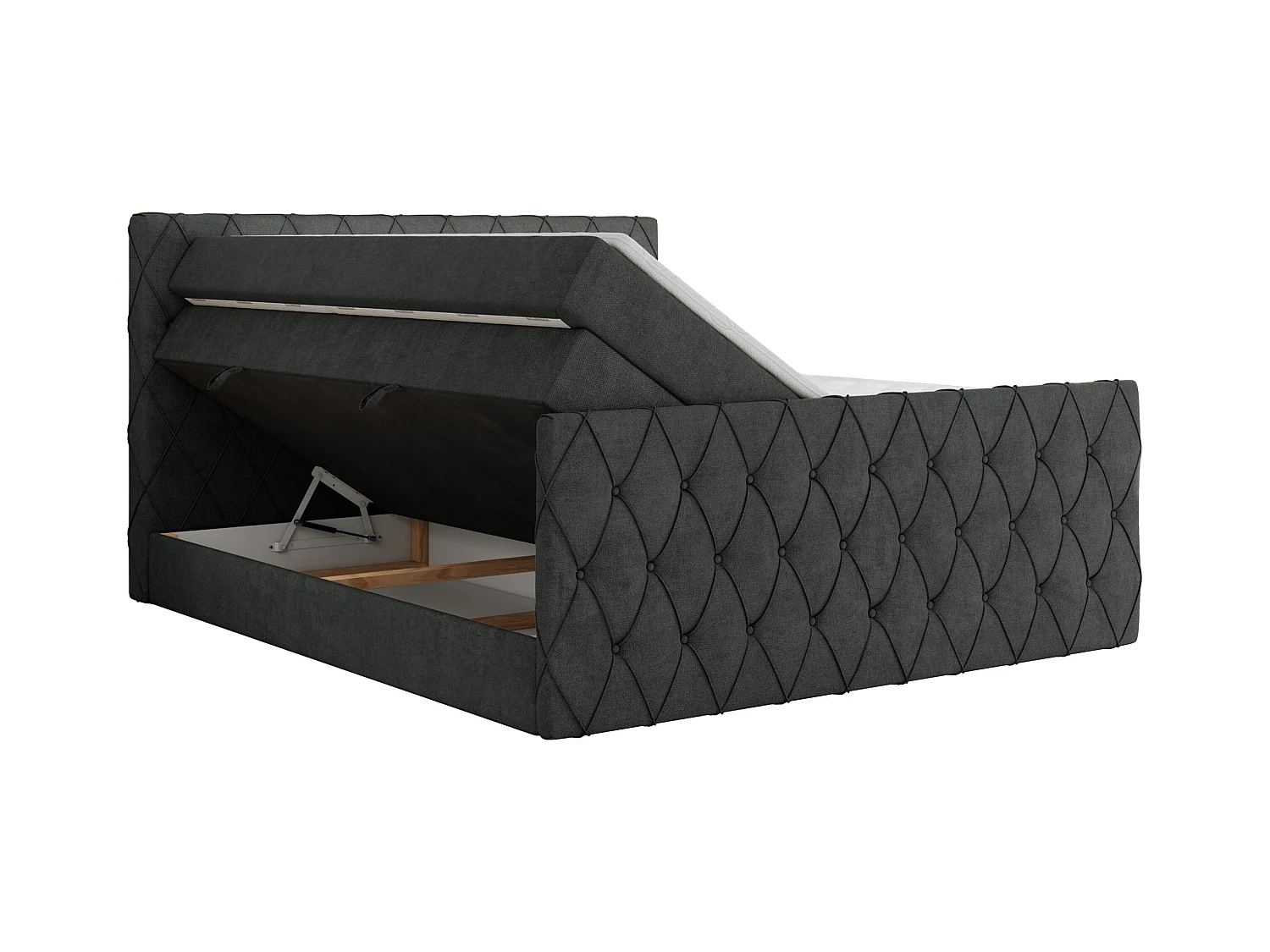 Boxspringbett MIREN KING DUO - für Schlafzimmer mit zwei Multipocket-Matratzen und Topper, gestepptes Kopfteil und Front  - 160x200 cm - H3 - Dunkelgrau Strukture