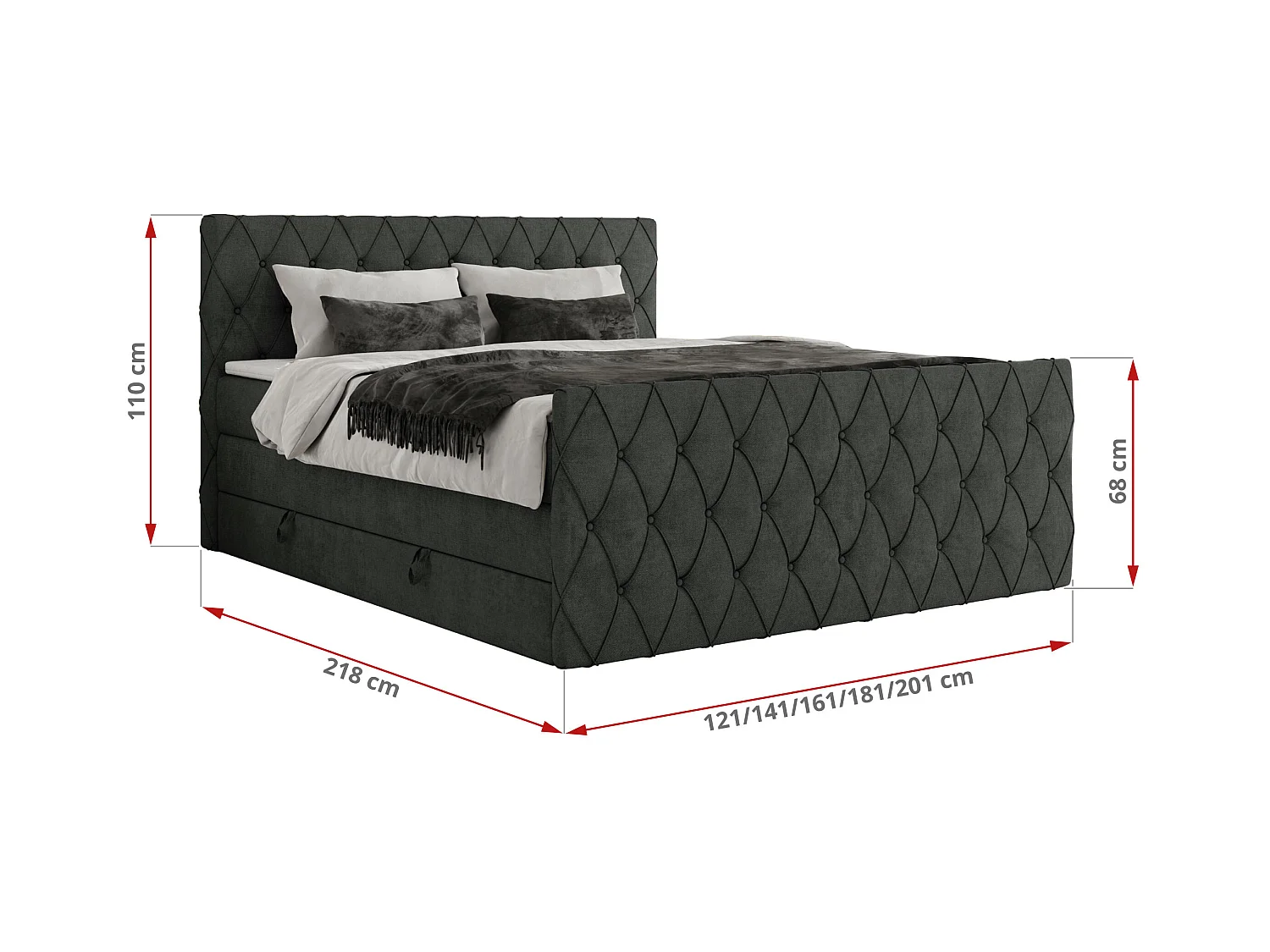 Boxspringbett MIREN KING DUO - für Schlafzimmer mit zwei Multipocket-Matratzen und Topper, gestepptes Kopfteil und Front  - 160x200 cm - H3 - Dunkelgrau Strukture