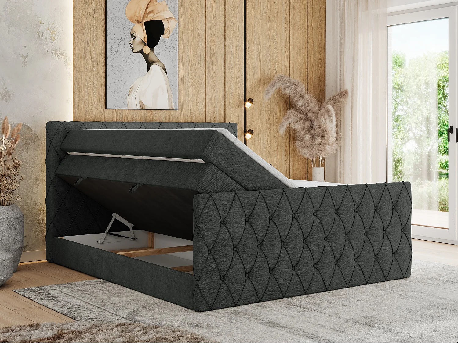Boxspringbett MIREN KING DUO - für Schlafzimmer mit zwei Multipocket-Matratzen und Topper, gestepptes Kopfteil und Front  - 160x200 cm - H3 - Dunkelgrau Strukture