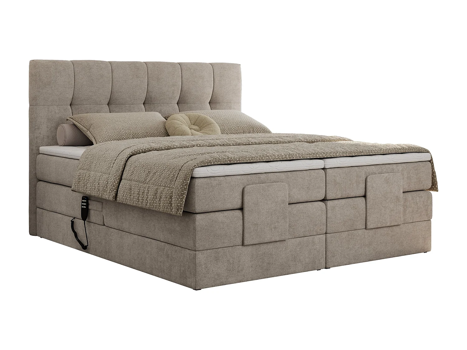 Boxspringbett VITTORIA - mit gestepptem Kopfteil, elektrischem Untergestell, Multipocket-Matratze - 200x200 cm - H4 - Beige Strukture