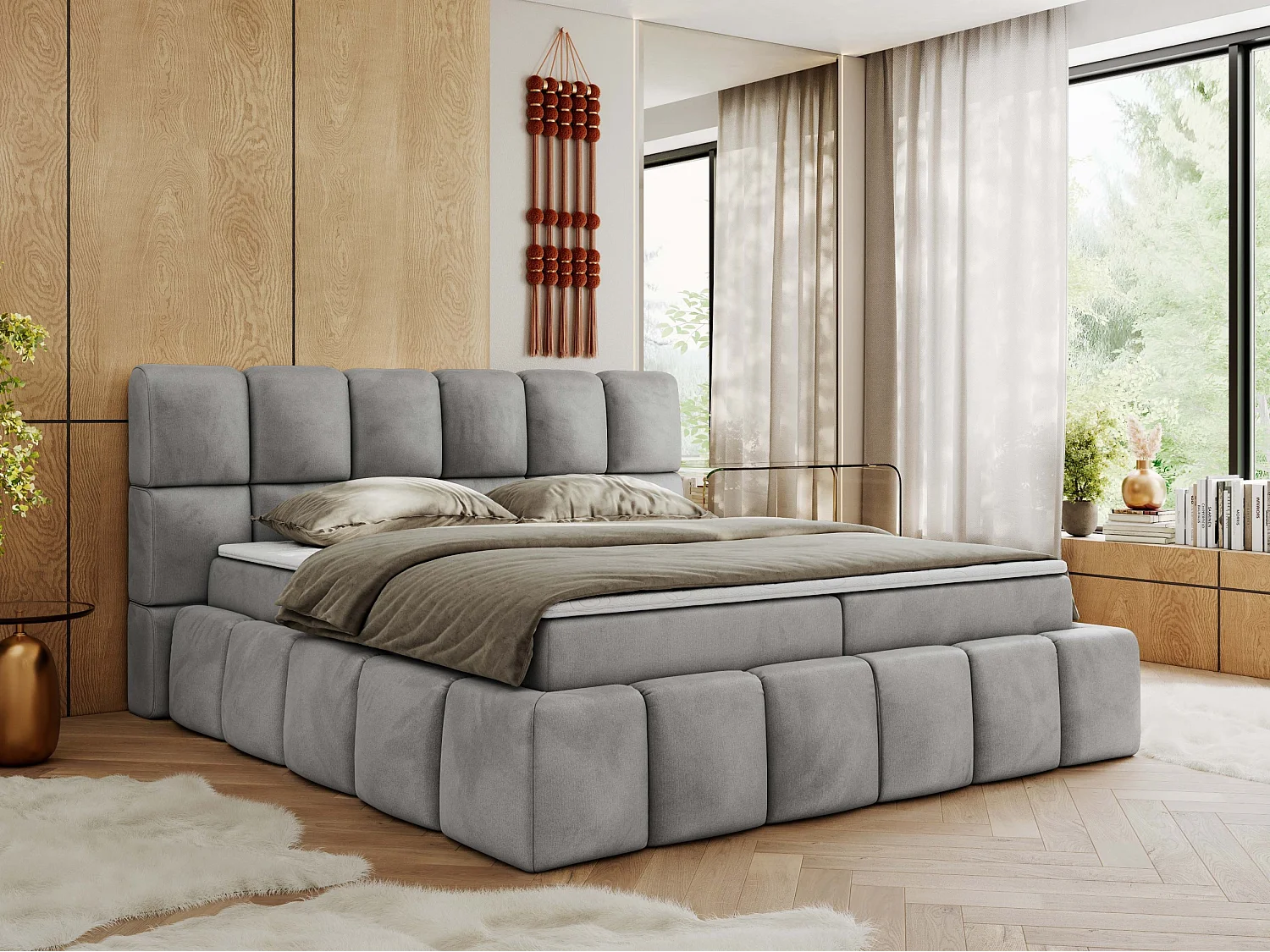 Boxspringbett NIRA - dekorativ kopfteil, Bettkästen und Multipocket-Matratze, Doppelbett für Schlafzimmer - 180x200 cm - H4 - Hellgrau Velvet