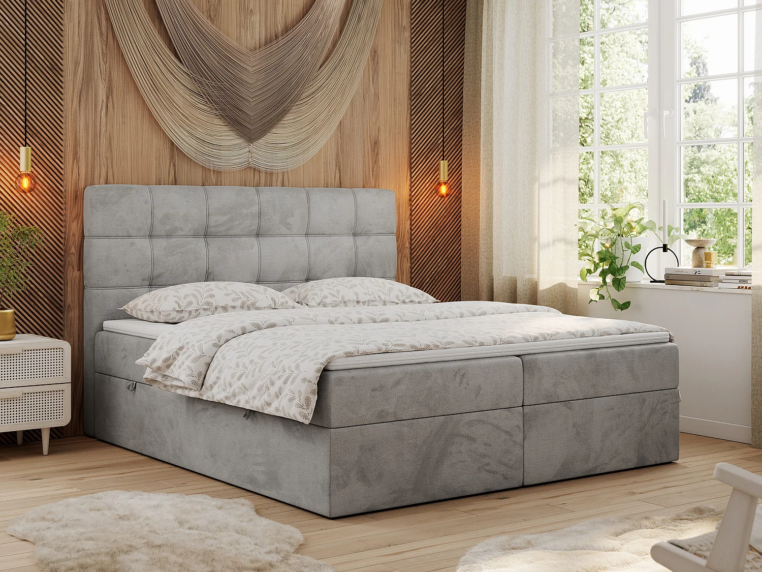 Boxspringbett ERNI - mit gestepptem Kopfteil, Polsterbett, Multipocket-Matratze und Topper, Bettkästen - 200x200 cm - H3 - Hellgrau Velvet