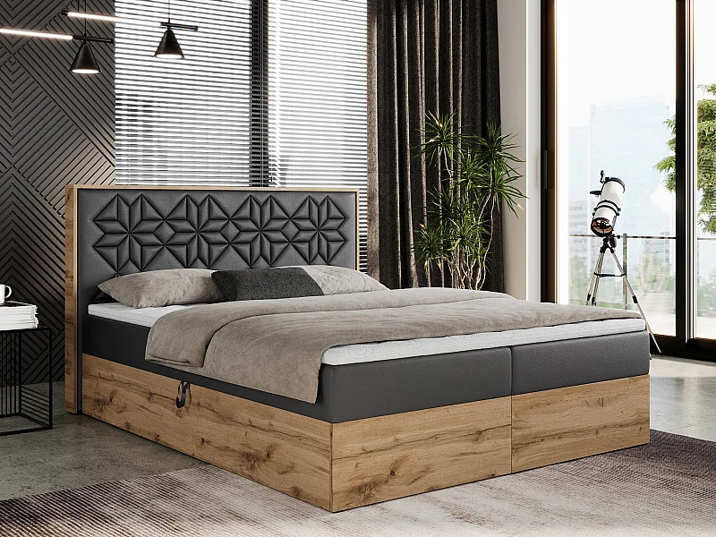 Boxspringbett NESSI - mit hoher Kopfstütze, Multipocket-Matratze und Topper, Doppelbett mit Bettkästen - 200x200 cm - H3 - Dunkelgrau Kunstleder