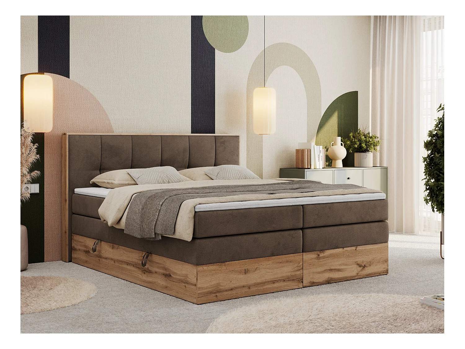 Boxspringbett ALBERO 1 KING - zwei 7 Härtezonen Multipocket-Matratzen, Doppelbett mit Stauraum, Eiche Wotan Holzrahmen - 180x200 cm - H4 - Braun Velvet