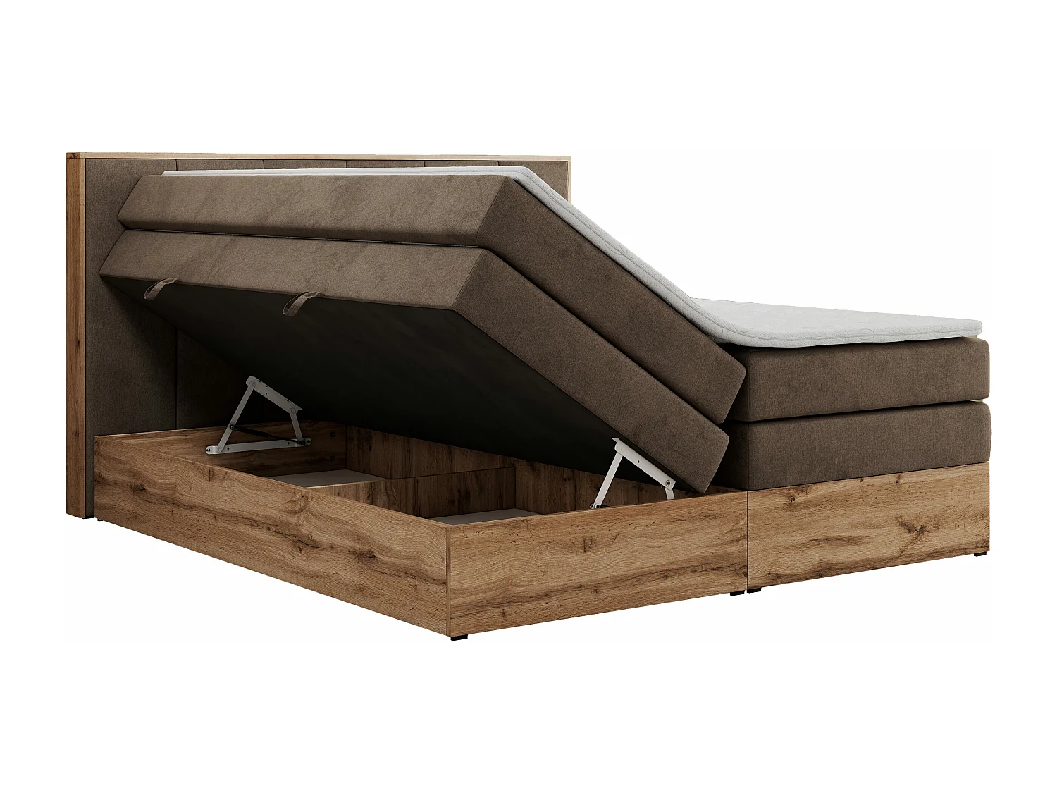 Boxspringbett ALBERO 1 KING - zwei 7 Härtezonen Multipocket-Matratzen, Doppelbett mit Stauraum, Eiche Wotan Holzrahmen - 180x200 cm - H4 - Braun Velvet