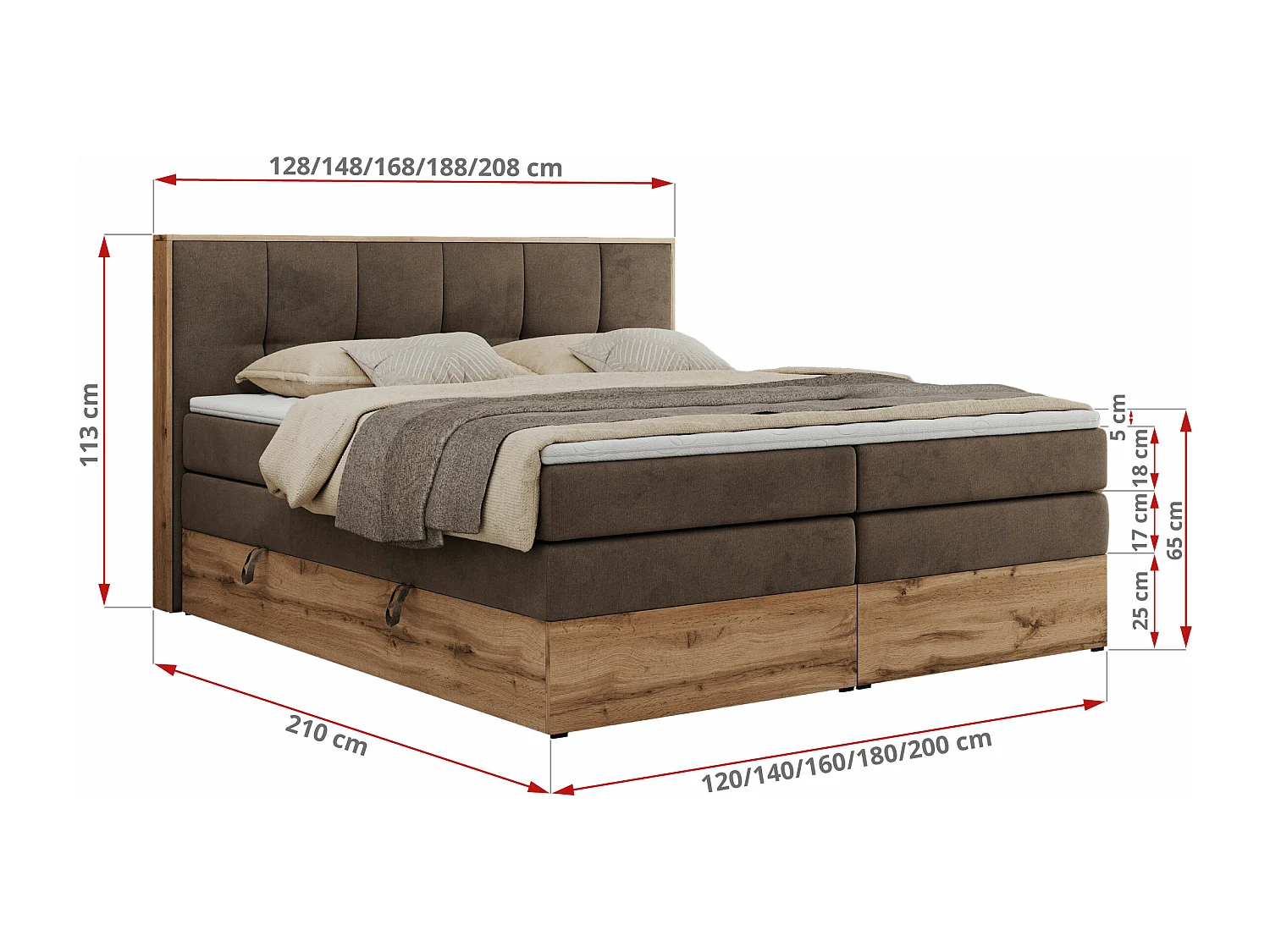 Boxspringbett ALBERO 1 KING - zwei 7 Härtezonen Multipocket-Matratzen, Doppelbett mit Stauraum, Eiche Wotan Holzrahmen - 180x200 cm - H4 - Braun Velvet