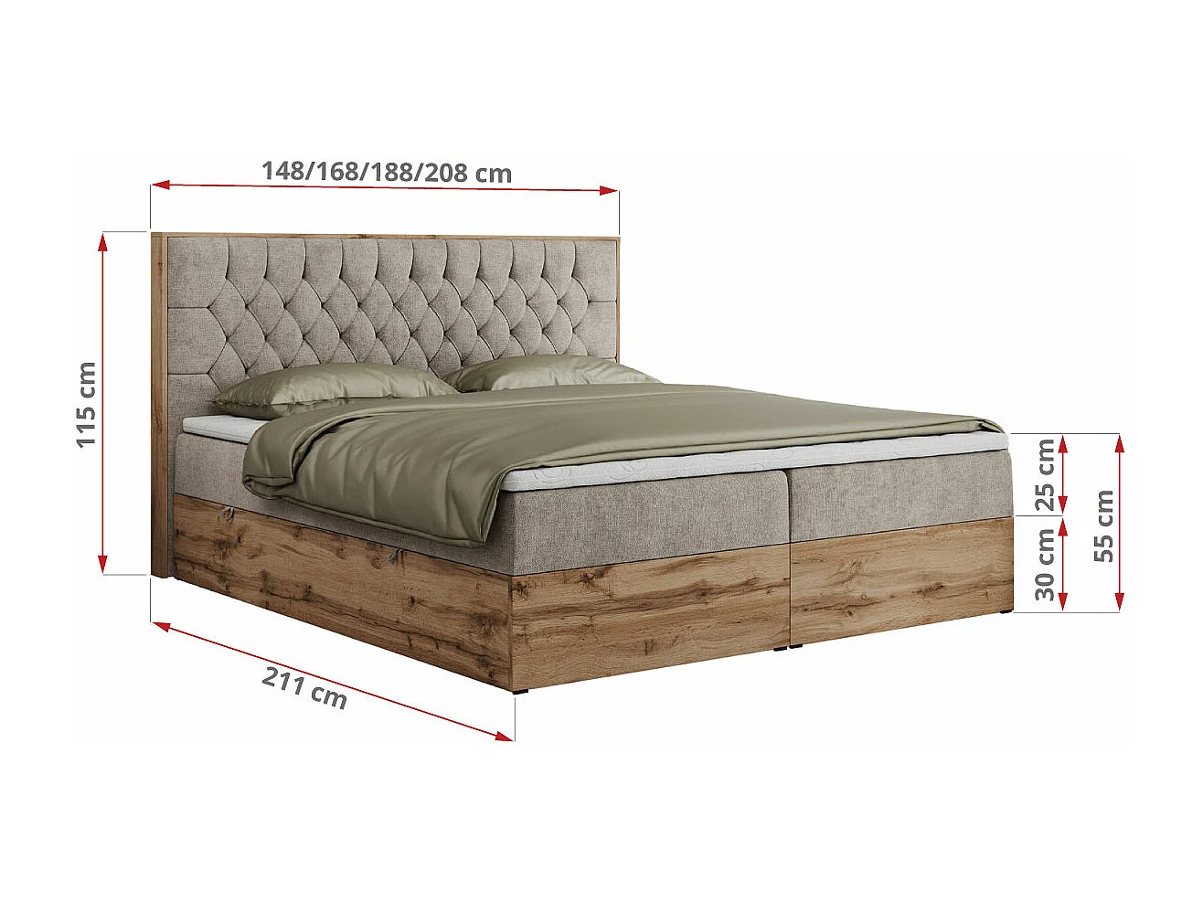Boxspringbett AMORE - Bett mit Multipocket-Matratze, gesteppte Kopfstütze, Doppelbett für Schlafzimmer - 200x200 cm - H4 - Beige Strukture