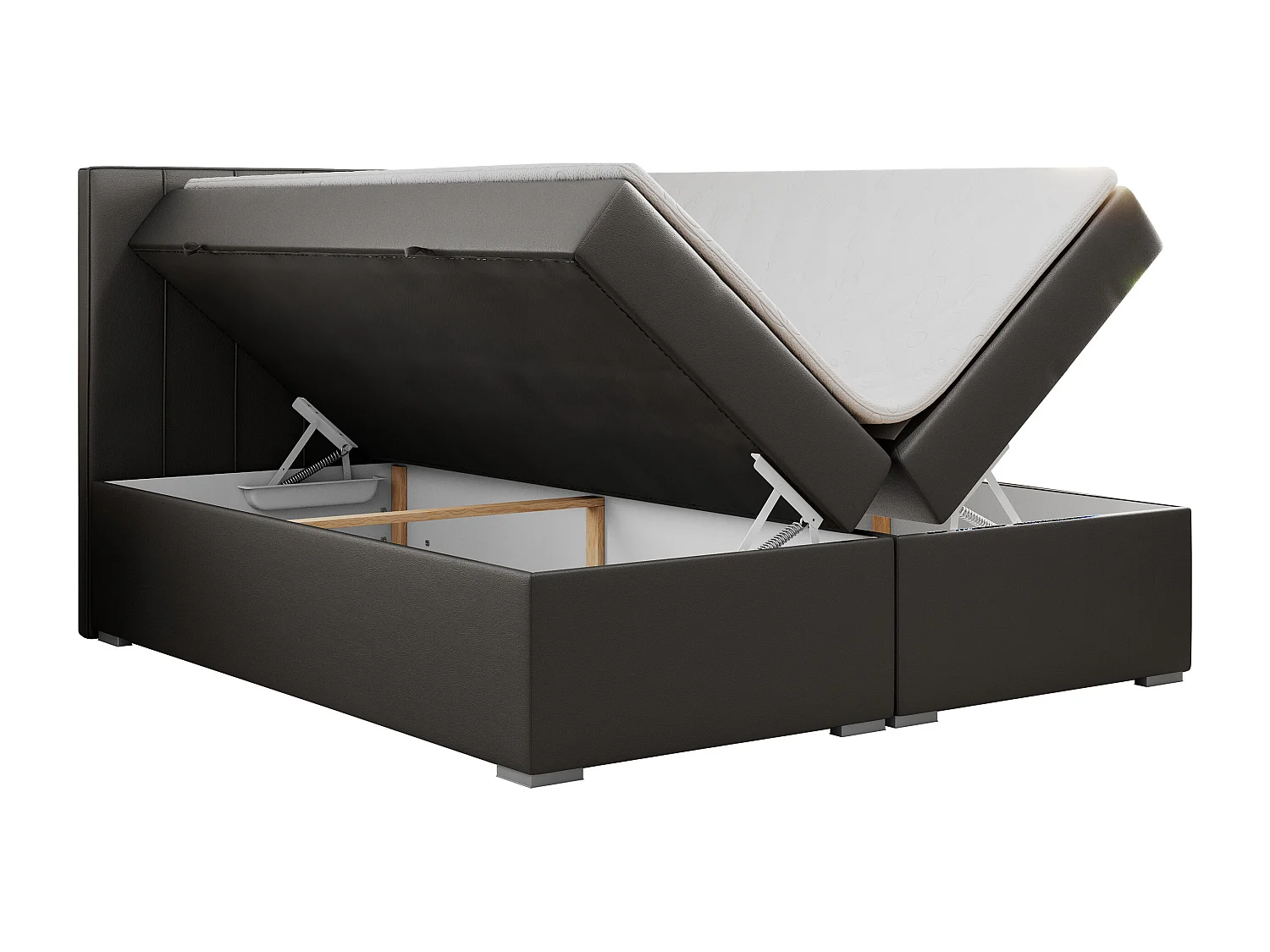 Boxspringbett ALLY - gestreiftes, genähtes Kopfteil, zwei Bettkästen, Multipocket-Matratzen, Praktisch Polsterbett - 200x200 cm - H3 - Dunkelgrau Kunstleder