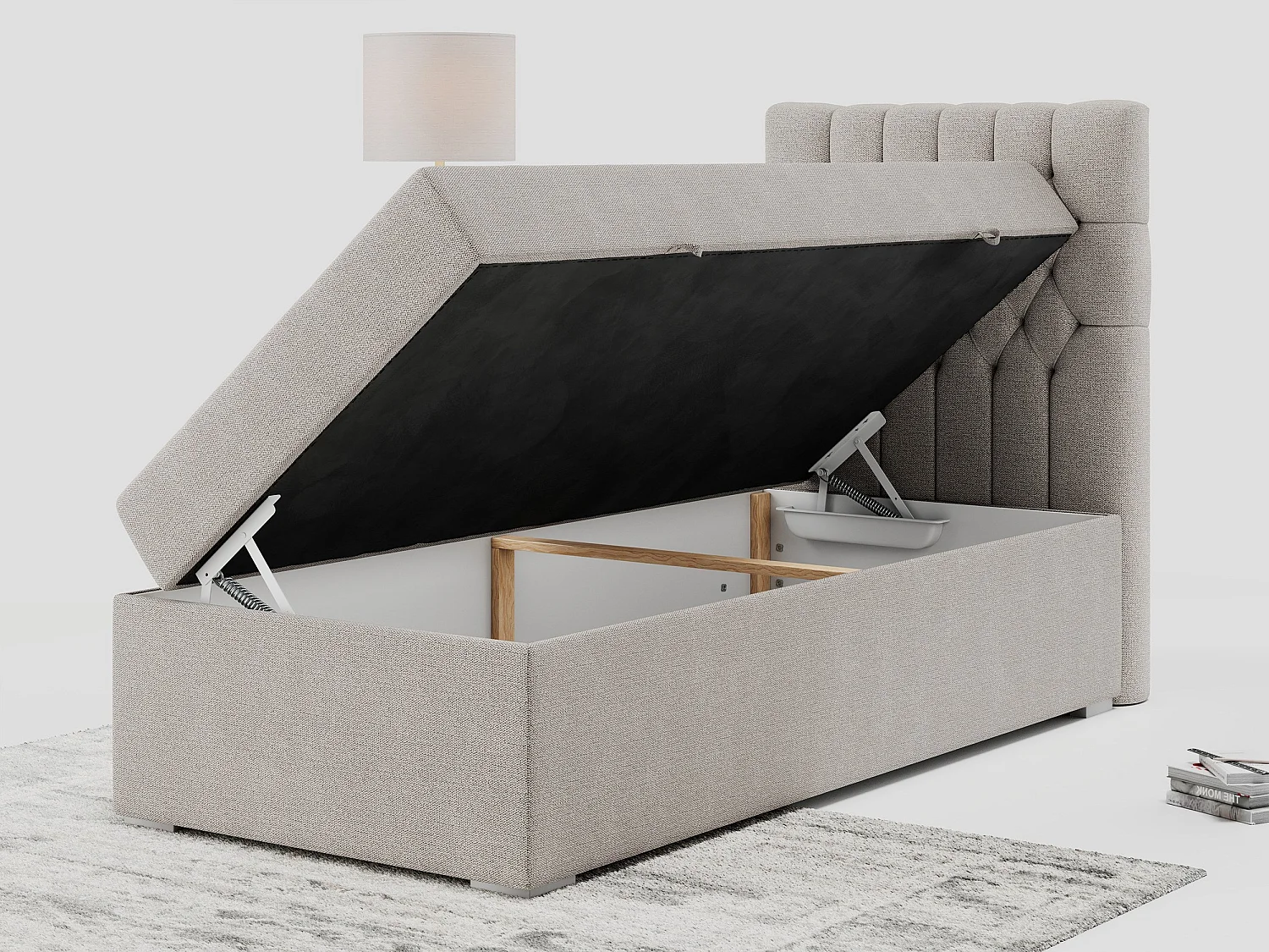 Boxspringbett PERA - Einzelbett mit Kopfstütze, Polsterbett, Multipocket-Matratze, genähtes Kopfteil - 90x200 cm - H4 - Beige Strukture - Rechts Seite