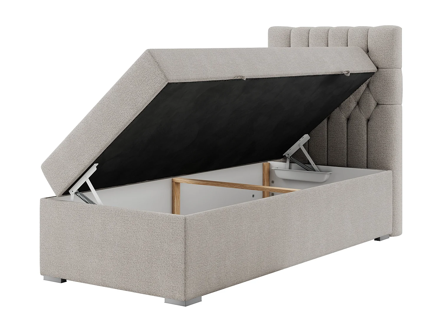 Boxspringbett PERA - Einzelbett mit Kopfstütze, Polsterbett, Multipocket-Matratze, genähtes Kopfteil - 90x200 cm - H4 - Beige Strukture - Rechts Seite