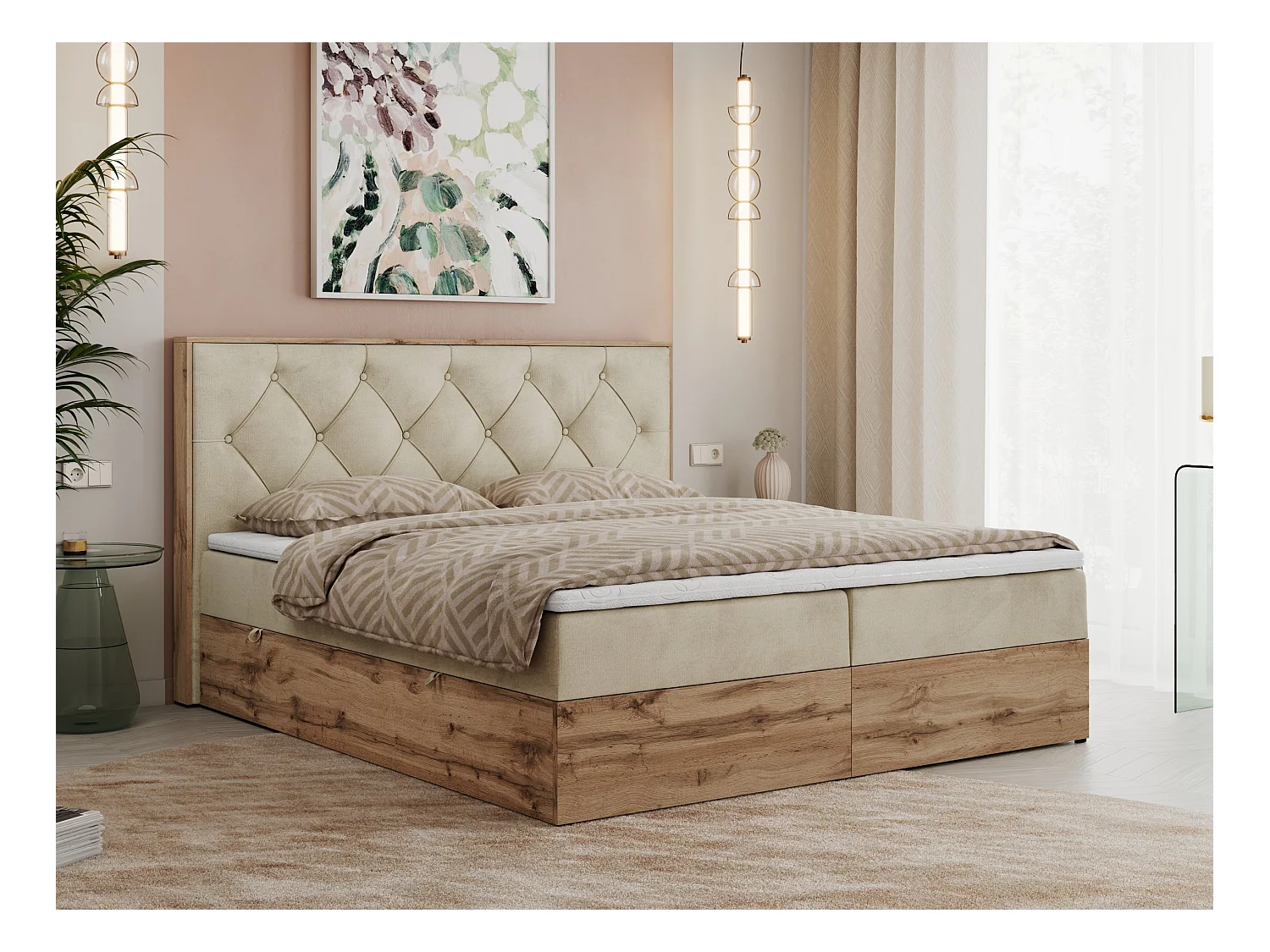 Boxspringbett VENETO - gestepptem Kopfteil, Set mit Multipocket-Matratze und Topper, Holzrahmen, zwei Bettkästen - 180x200 cm - H4 - Beige Velvet