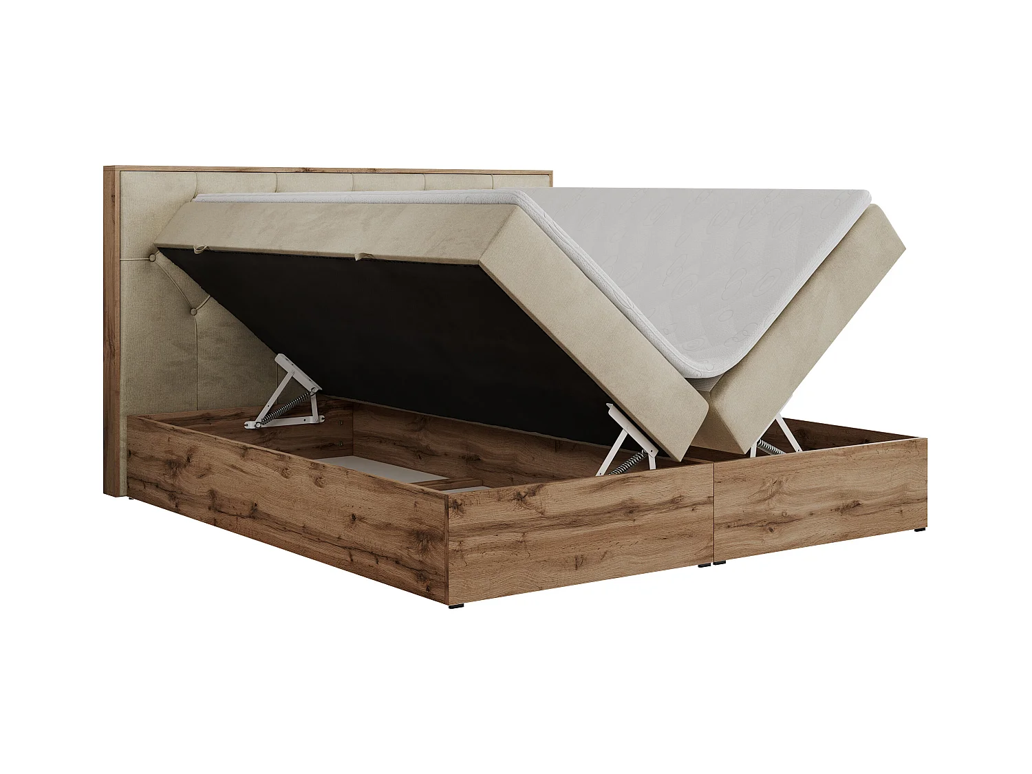 Boxspringbett VENETO - gestepptem Kopfteil, Set mit Multipocket-Matratze und Topper, Holzrahmen, zwei Bettkästen - 180x200 cm - H4 - Beige Velvet