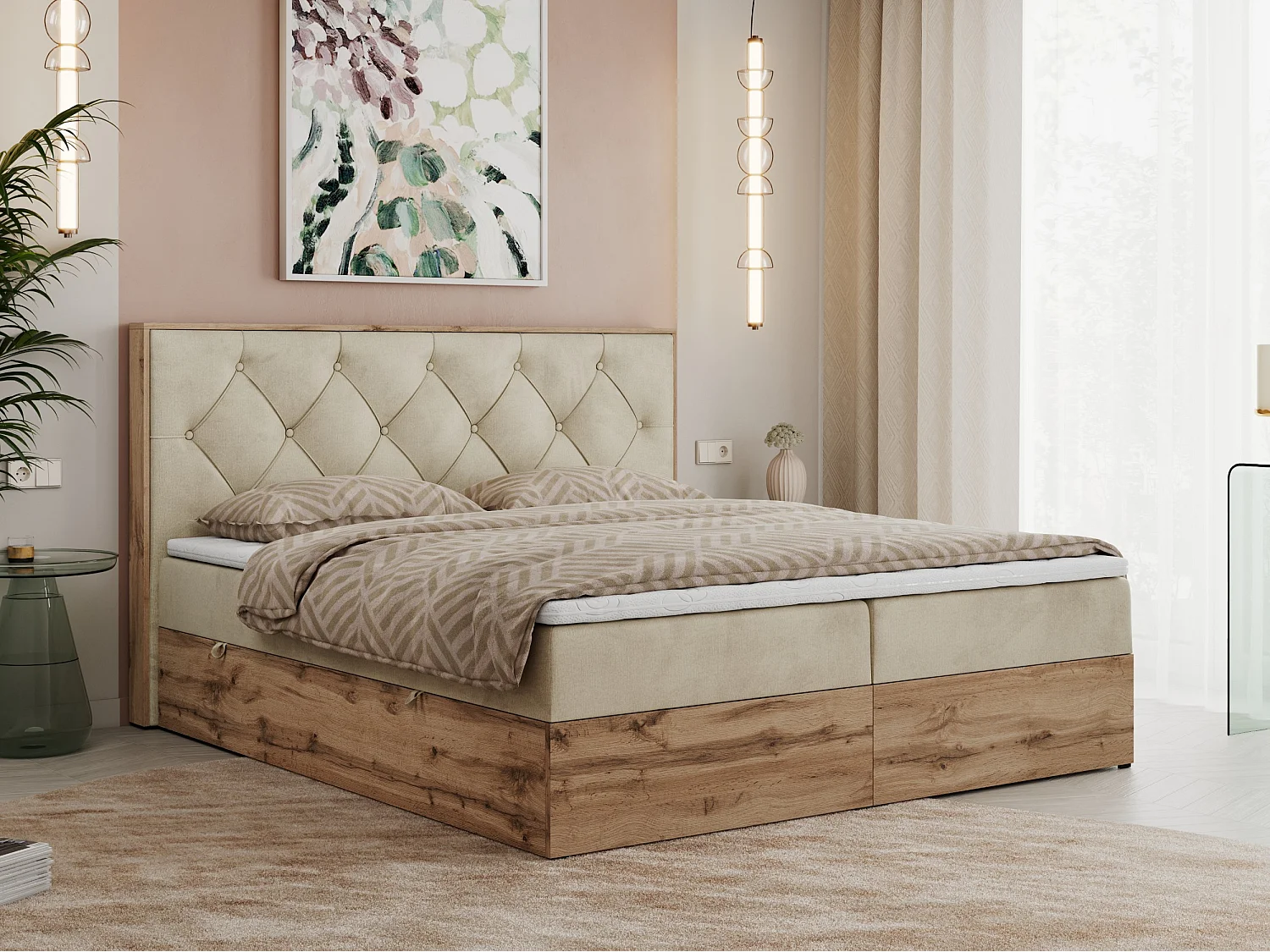 Boxspringbett VENETO - gestepptem Kopfteil, Set mit Multipocket-Matratze und Topper, Holzrahmen, zwei Bettkästen - 180x200 cm - H4 - Beige Velvet