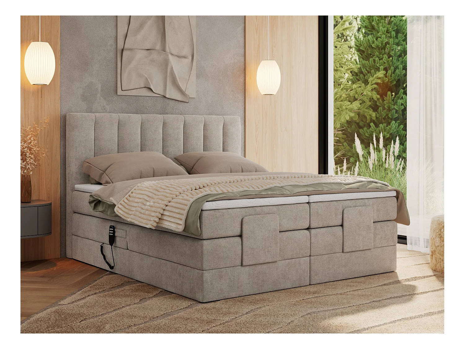 Boxspringbett COMFORTO - Doppelbett, Elektrisch verstellbare, Multipocket-Matratzen und Topper, genähtes Kopfteil - 180x200 cm - H3 - Beige Strukture