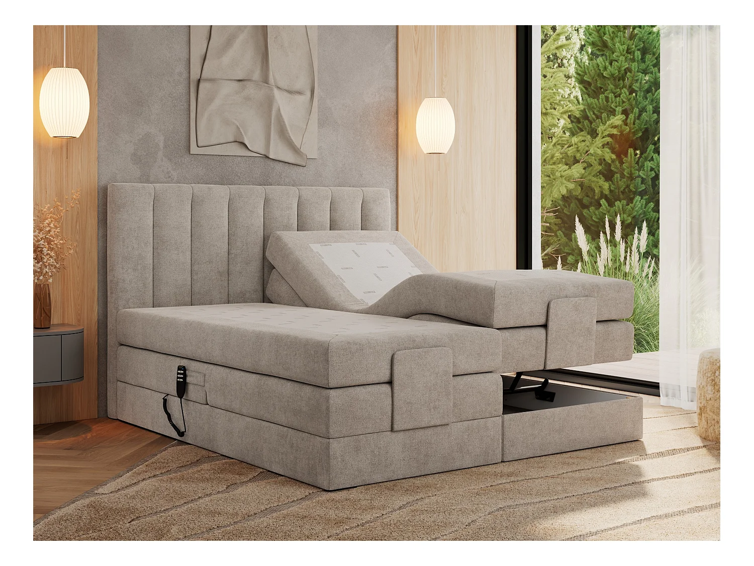 Boxspringbett COMFORTO - Doppelbett, Elektrisch verstellbare, Multipocket-Matratzen und Topper, genähtes Kopfteil - 180x200 cm - H3 - Beige Strukture