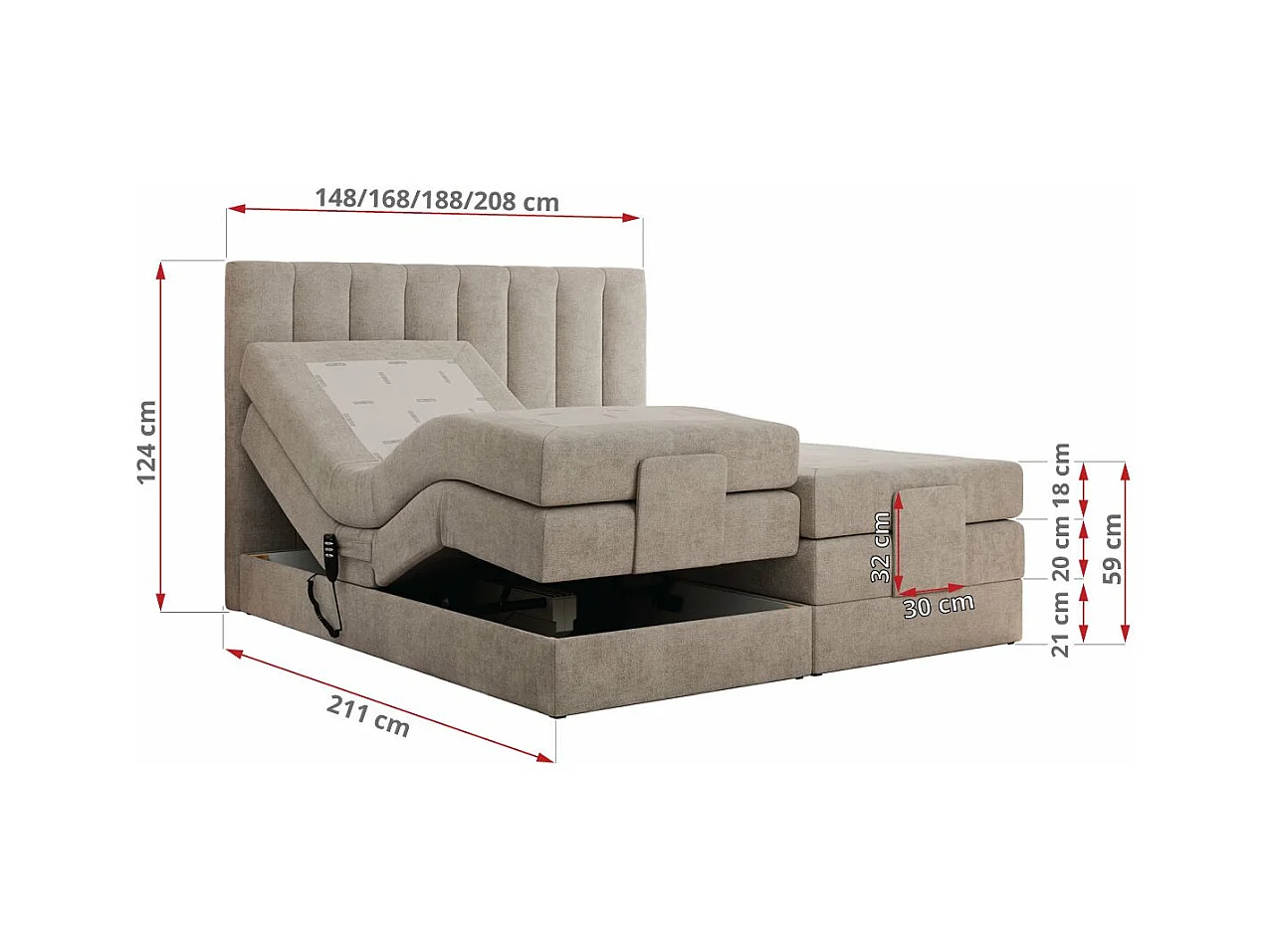 Boxspringbett COMFORTO - Doppelbett, Elektrisch verstellbare, Multipocket-Matratzen und Topper, genähtes Kopfteil - 180x200 cm - H3 - Beige Strukture