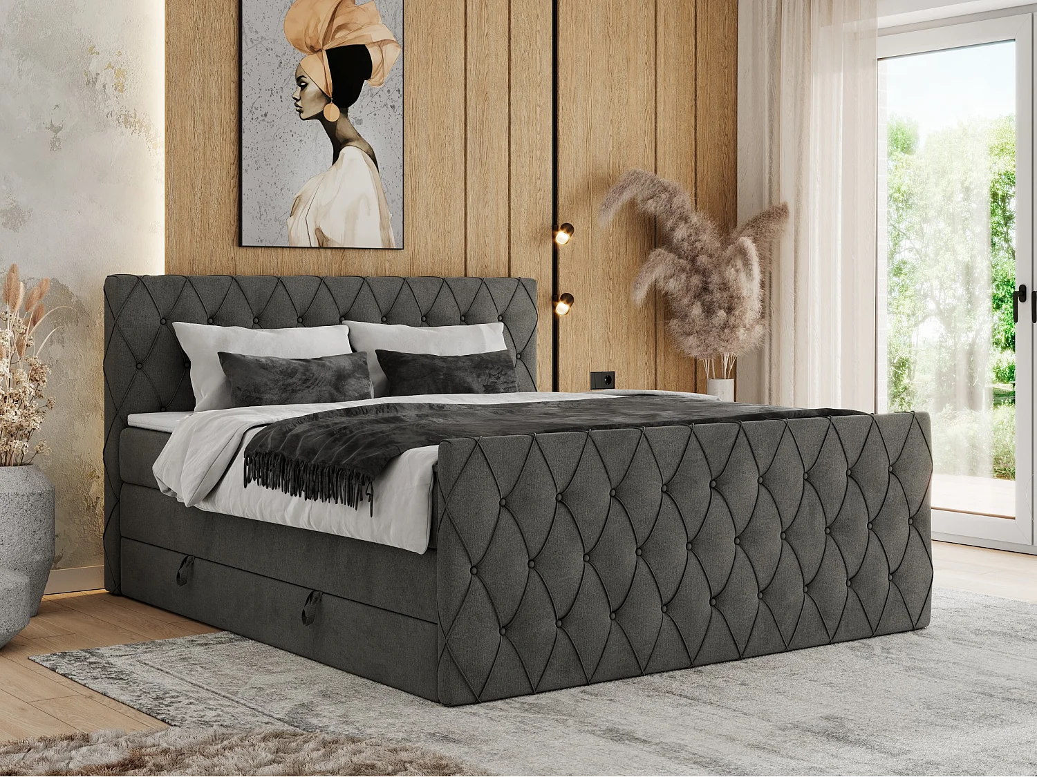 Boxspringbett MIREN KING DUO - für Schlafzimmer mit zwei Multipocket-Matratzen und Topper, gestepptes Kopfteil und Front  - 140x200 cm - H3 - Dunkelgrau Velvet