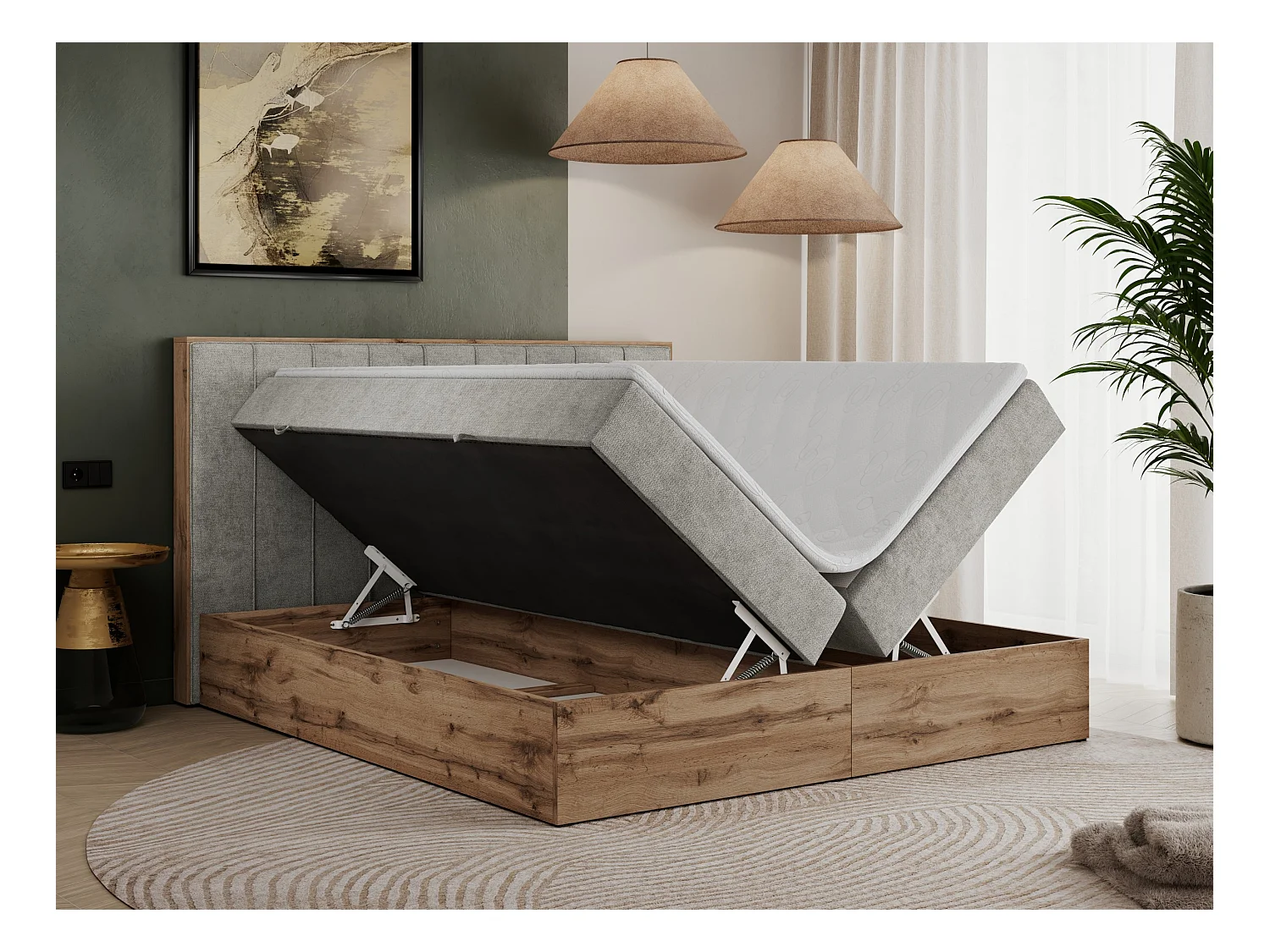 Boxspringbett BELLISSIMO - mit gestepptem Kopfteil, Polsterbett mit zwei Bettkästen, Multipocket-Matratze - 140x200 cm - H4 - Hellgrau Strukture