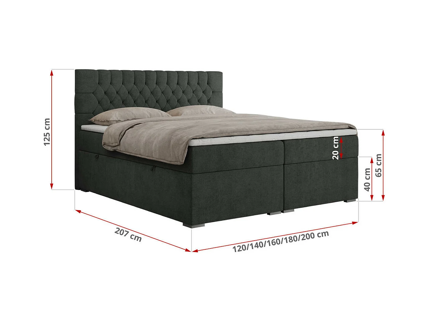 Boxspringbett PERA - gesteppte Kopfstütze, Multipocket-Matratze und Topper, Doppelbett mit Stauraum - 160x200 cm - H4 - Dunkelgrau Strukture