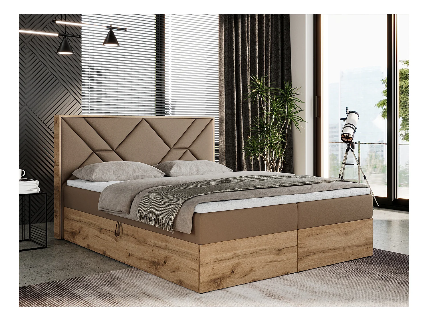 Boxspringbett GUNAR - gepolster kopfteil, Doppelbett mit Multipocket-Matratze, zwei Bettkästen - 180x200 cm - H4 - Braun Kunstleder