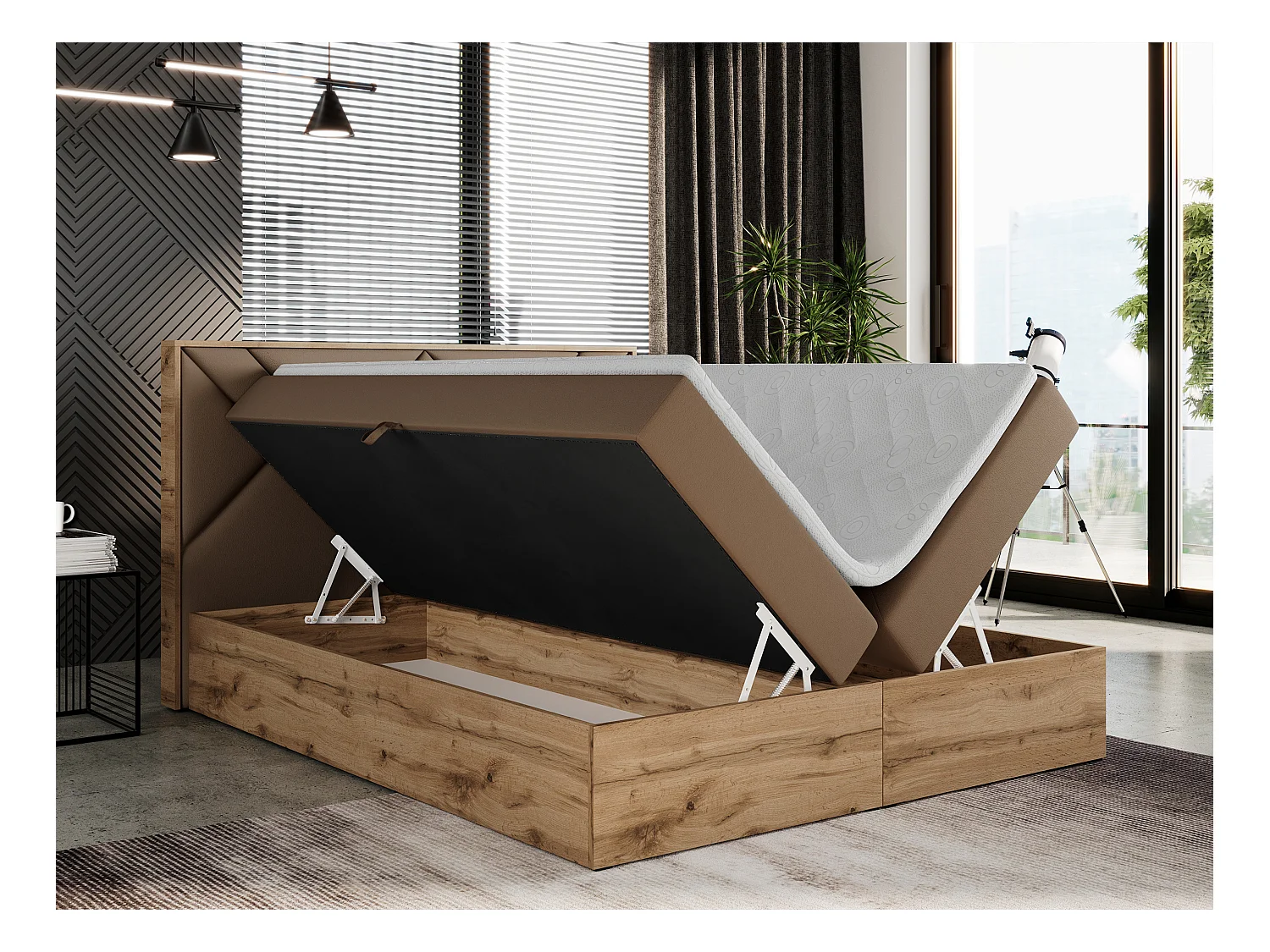 Boxspringbett GUNAR - gepolster kopfteil, Doppelbett mit Multipocket-Matratze, zwei Bettkästen - 180x200 cm - H4 - Braun Kunstleder