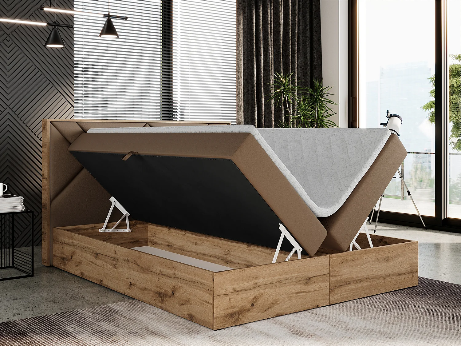 Boxspringbett GUNAR - gepolster kopfteil, Doppelbett mit Multipocket-Matratze, zwei Bettkästen - 180x200 cm - H4 - Braun Kunstleder