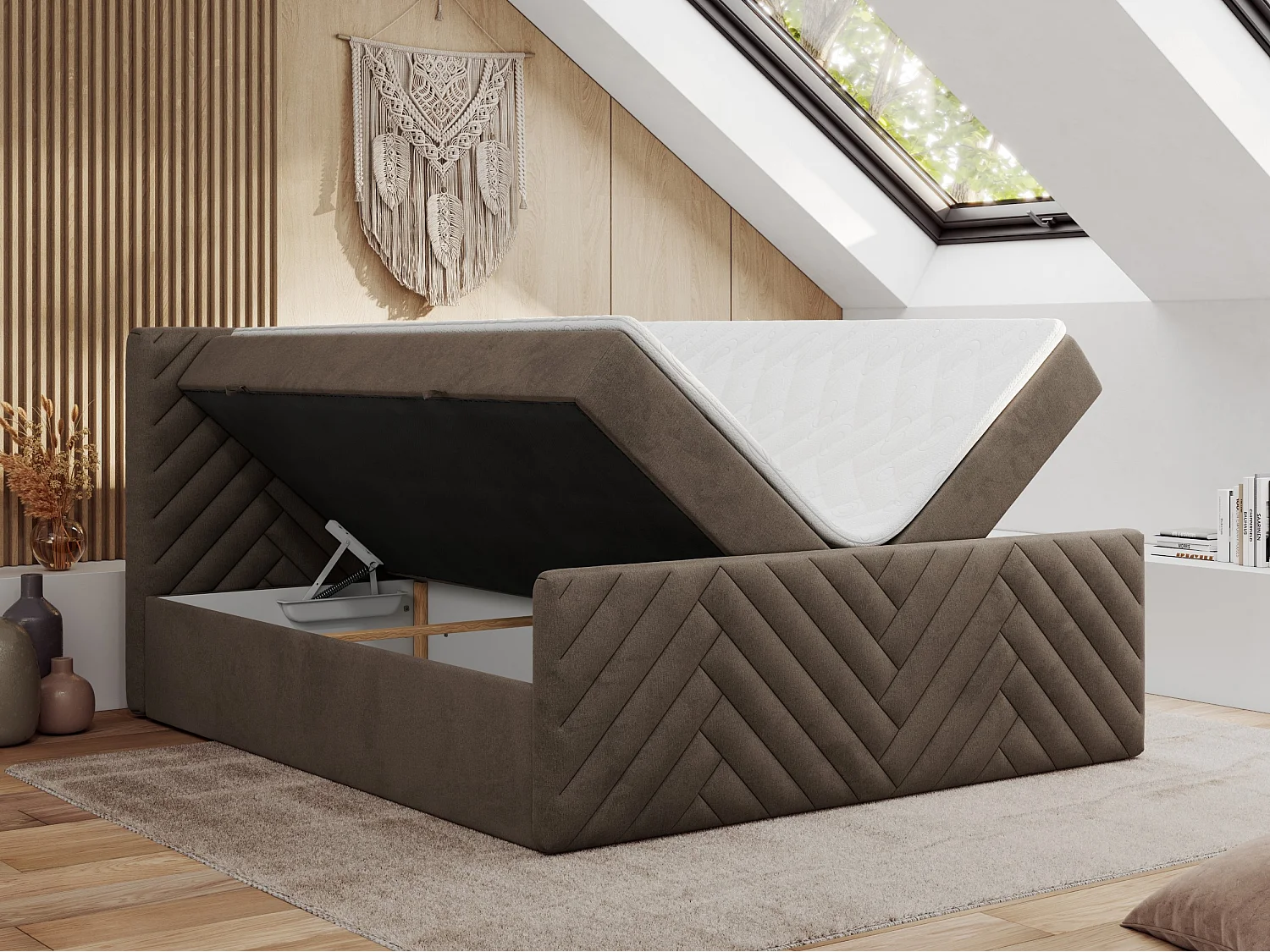 Boxspringbett PARIS DUO - Polsterbett mit genähtem Kopfteil und Frontplatte, Doppelbett, zwei Bettkästen - 140x200 cm - H3 - Braun Velvet