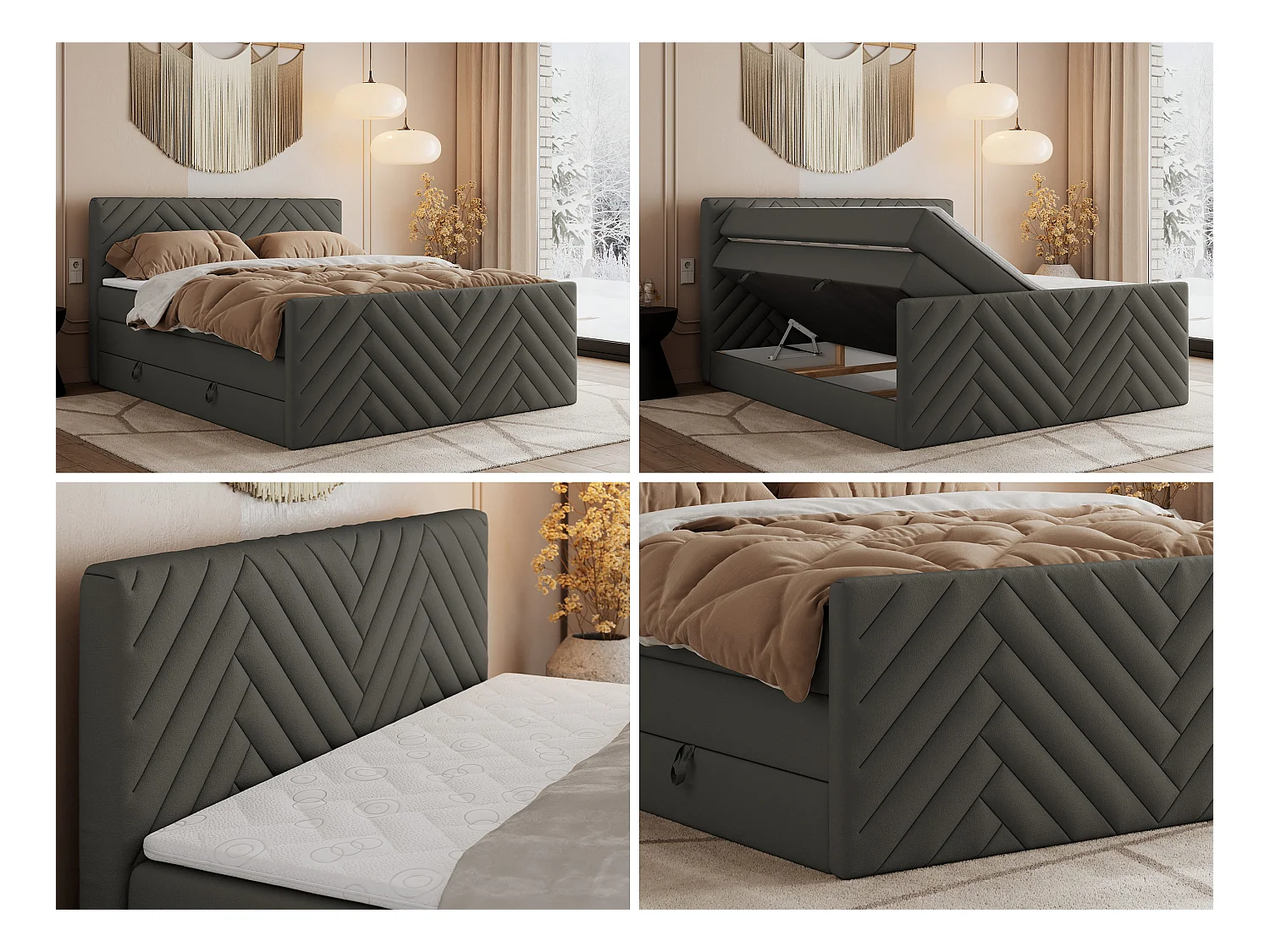 Boxspringbett PARIS KING DUO - dekorative Kopfstütze und Front, zwei Multipocket-Matratze mit Topper - 180x200 cm - H3 - Grau Kunstleder
