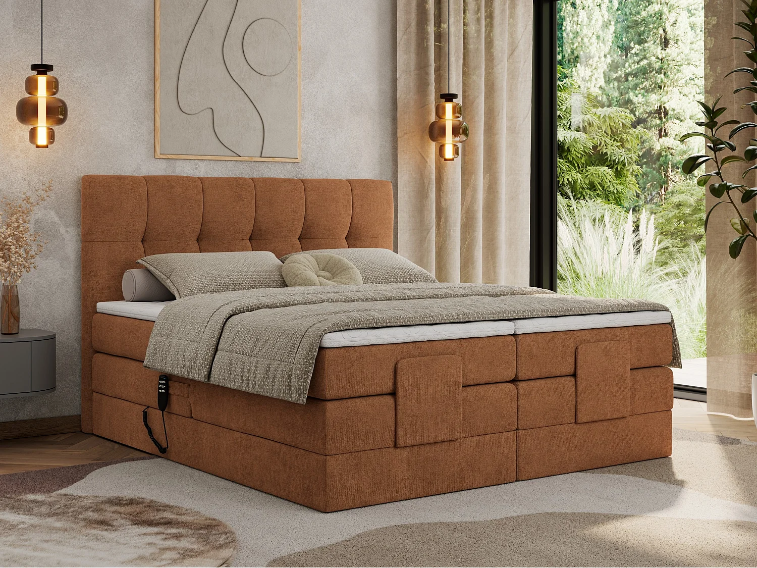 Boxspringbett VITTORIA - mit gestepptem Kopfteil, elektrischem Untergestell, Multipocket-Matratze - 200x200 cm - H4 - Orange Strukture