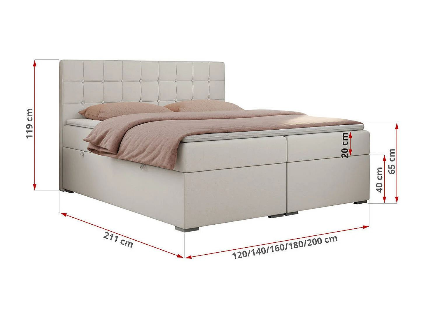 Boxspringbett CARMEN - Polsterbett mit zwei Bettkästen, gesteppte Kopfstütze, Multipocket-Matratze - 120x200 cm - H4 - Weiß Kunstleder