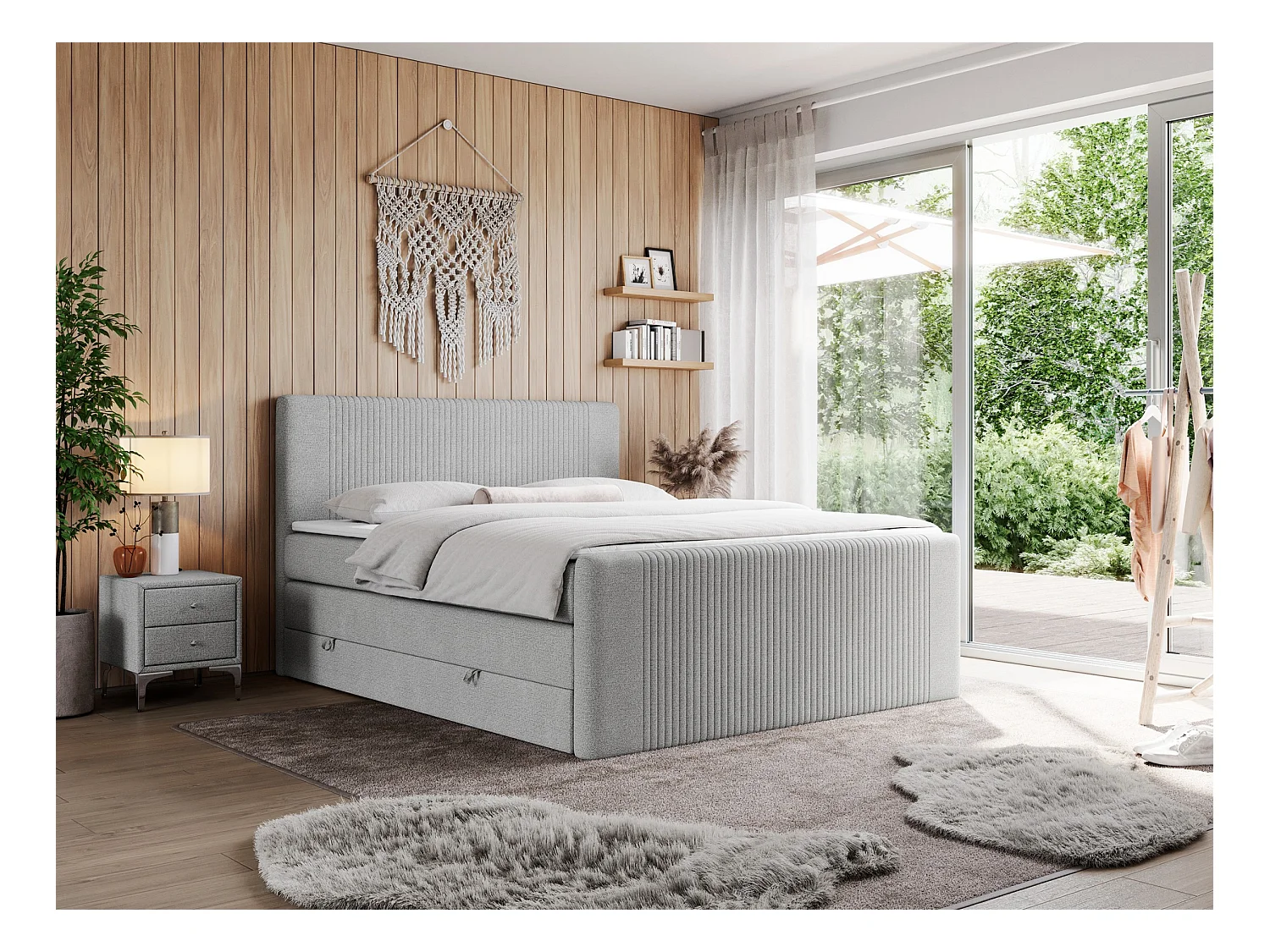 Boxspringbett DOREN KING - mit gesteppter Front und Kopfteil, zwei Multipocket-Matratzen und Topper, Doppelbett - 160x200 cm - H4 - Hellgrau Strukture