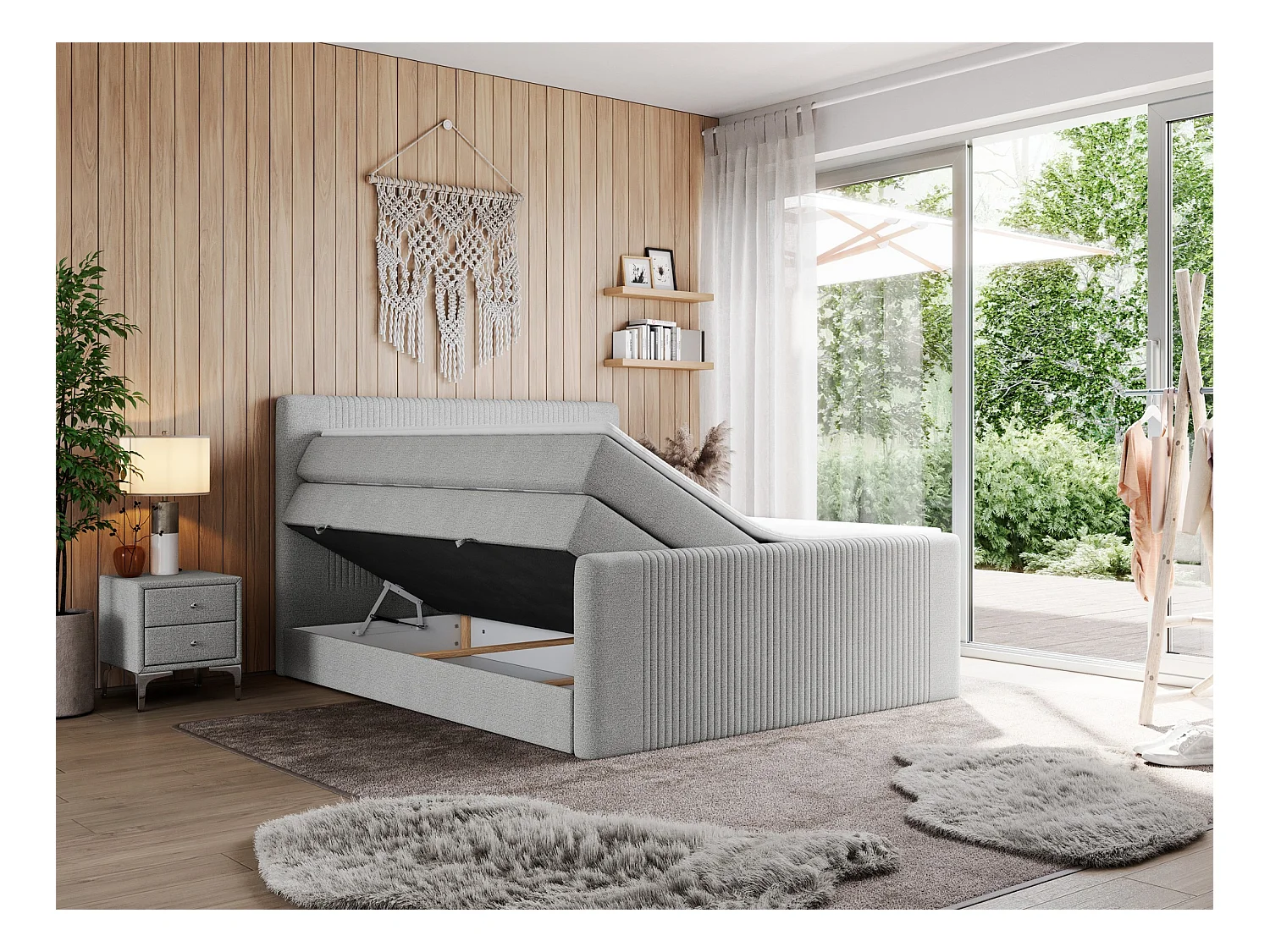 Boxspringbett DOREN KING - mit gesteppter Front und Kopfteil, zwei Multipocket-Matratzen und Topper, Doppelbett - 160x200 cm - H4 - Hellgrau Strukture