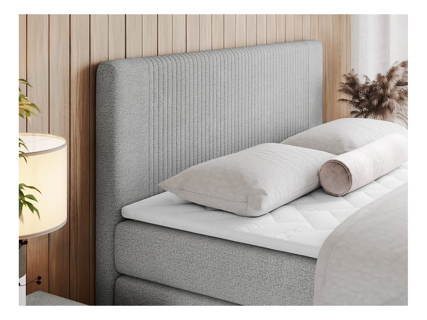 Boxspringbett DOREN KING - mit gesteppter Front und Kopfteil, zwei Multipocket-Matratzen und Topper, Doppelbett - 160x200 cm - H4 - Hellgrau Strukture