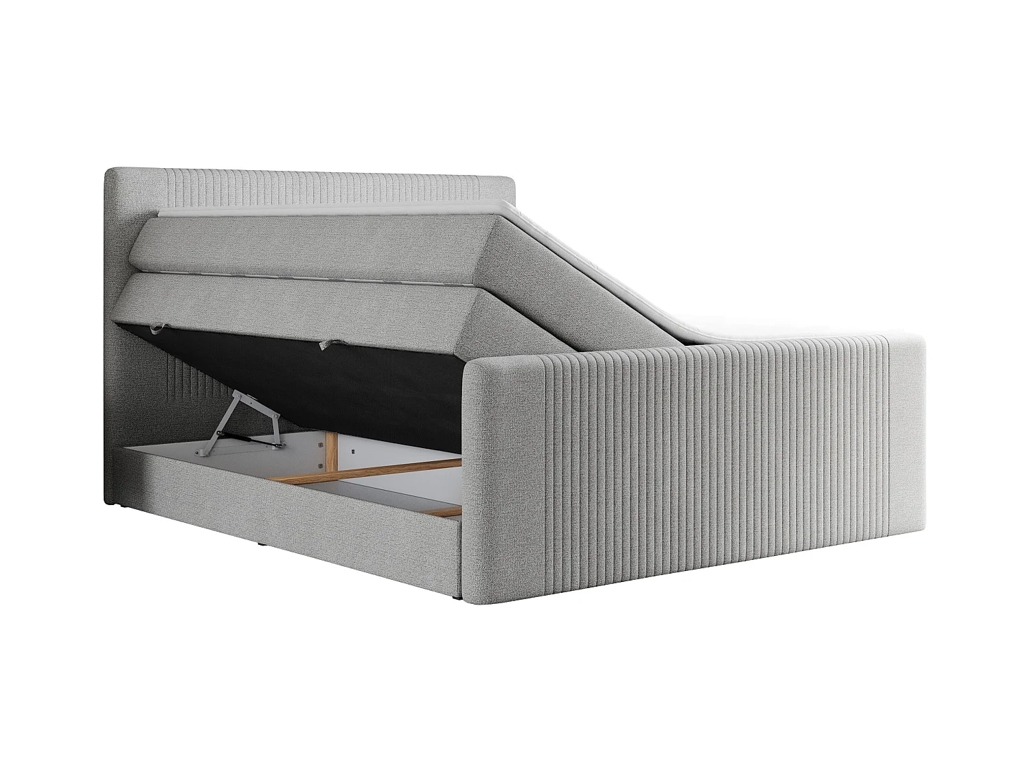 Boxspringbett DOREN KING - mit gesteppter Front und Kopfteil, zwei Multipocket-Matratzen und Topper, Doppelbett - 160x200 cm - H4 - Hellgrau Strukture