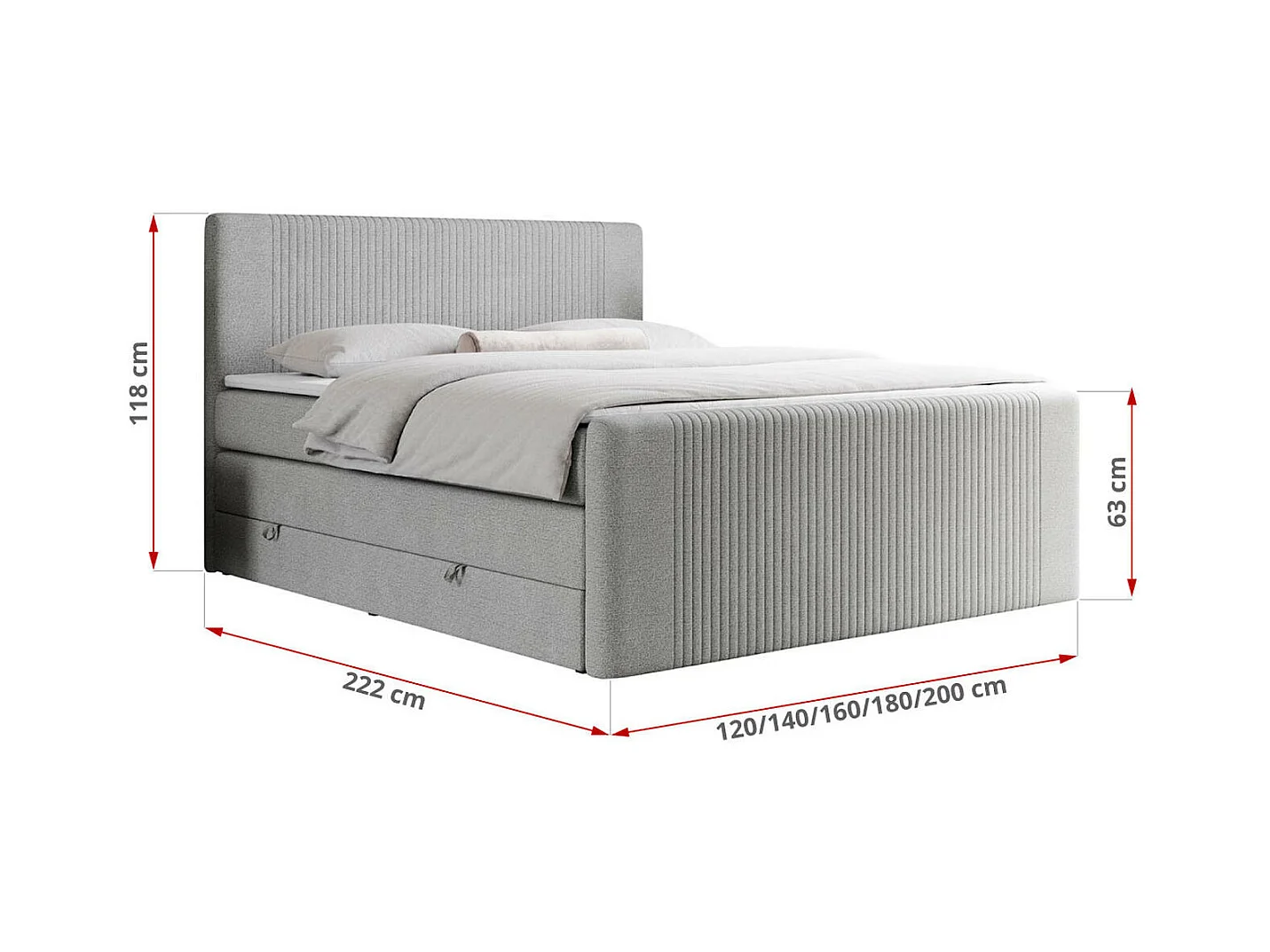Boxspringbett DOREN KING - mit gesteppter Front und Kopfteil, zwei Multipocket-Matratzen und Topper, Doppelbett - 160x200 cm - H4 - Hellgrau Strukture