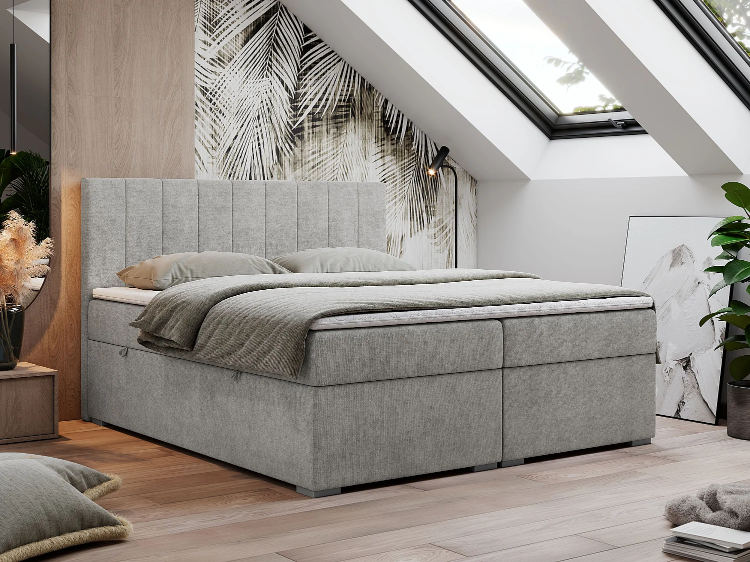 Boxspringbett LOPE - genähtes Kopfteil, Doppelbett mit Stauraum, Multipocket-Matratze, Topper - 180x200 cm - H3 - Hellgrau Strukture