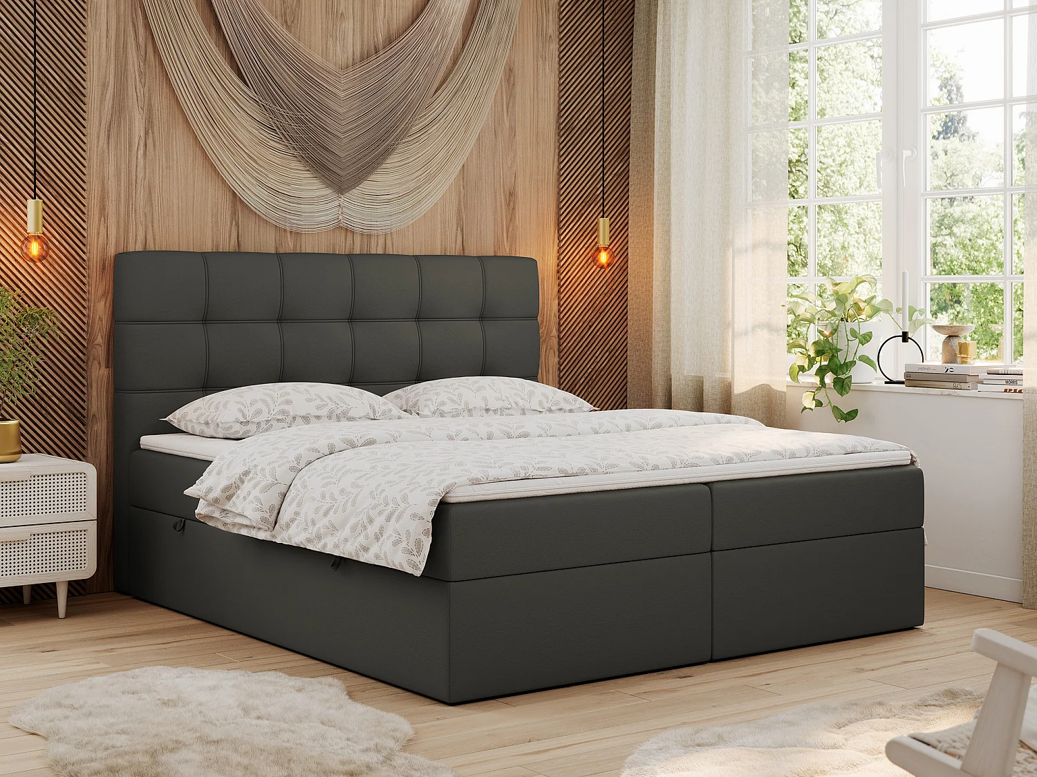Boxspringbett ERNI - mit gestepptem Kopfteil, Polsterbett, Multipocket-Matratze und Topper, Bettkästen - 200x200 cm - H4 - Dunkelgrau Kunstleder