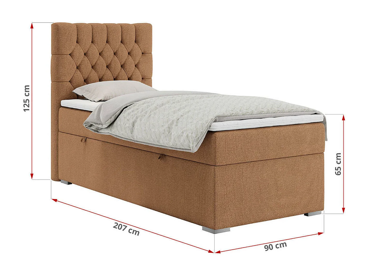 Boxspringbett PERA - Einzelbett mit Kopfstütze, Polsterbett, Multipocket-Matratze, genähtes Kopfteil - 90x200 cm - H4 - Orange Strukture - Links Seite