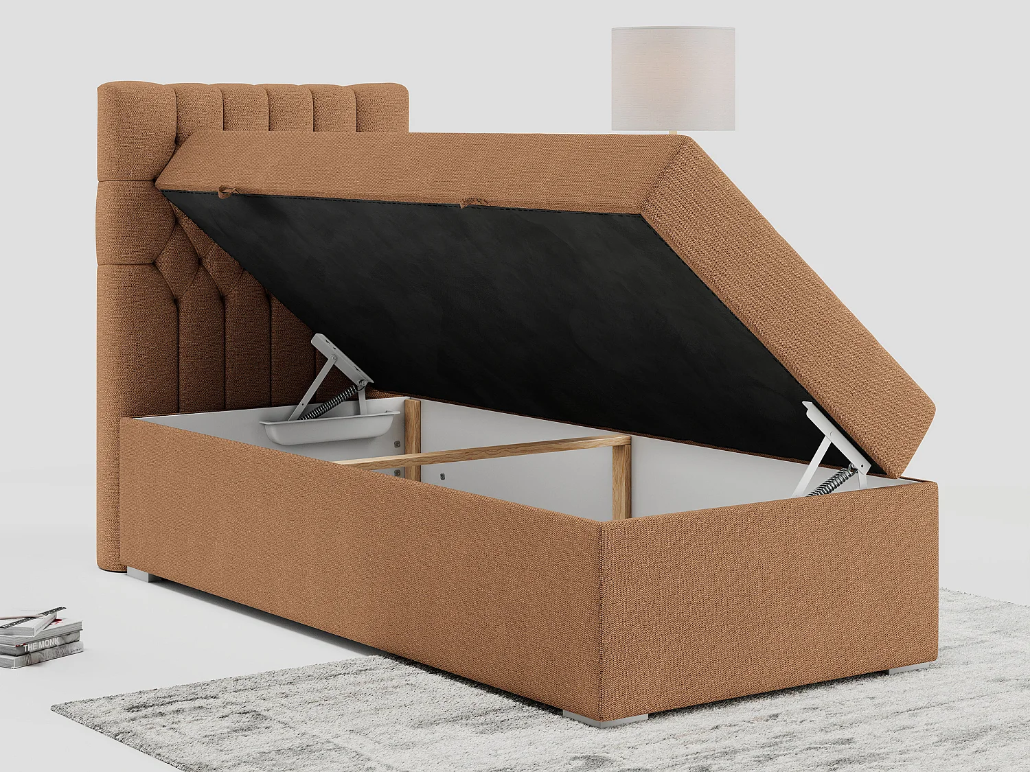 Boxspringbett PERA - Einzelbett mit Kopfstütze, Polsterbett, Multipocket-Matratze, genähtes Kopfteil - 90x200 cm - H4 - Orange Strukture - Links Seite