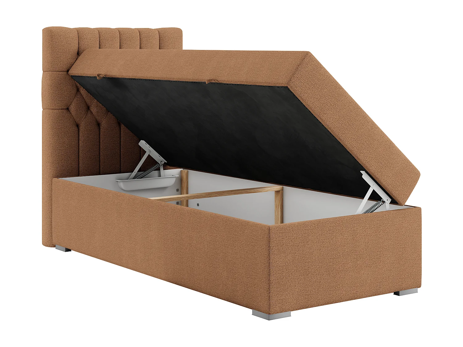 Boxspringbett PERA - Einzelbett mit Kopfstütze, Polsterbett, Multipocket-Matratze, genähtes Kopfteil - 90x200 cm - H4 - Orange Strukture - Links Seite