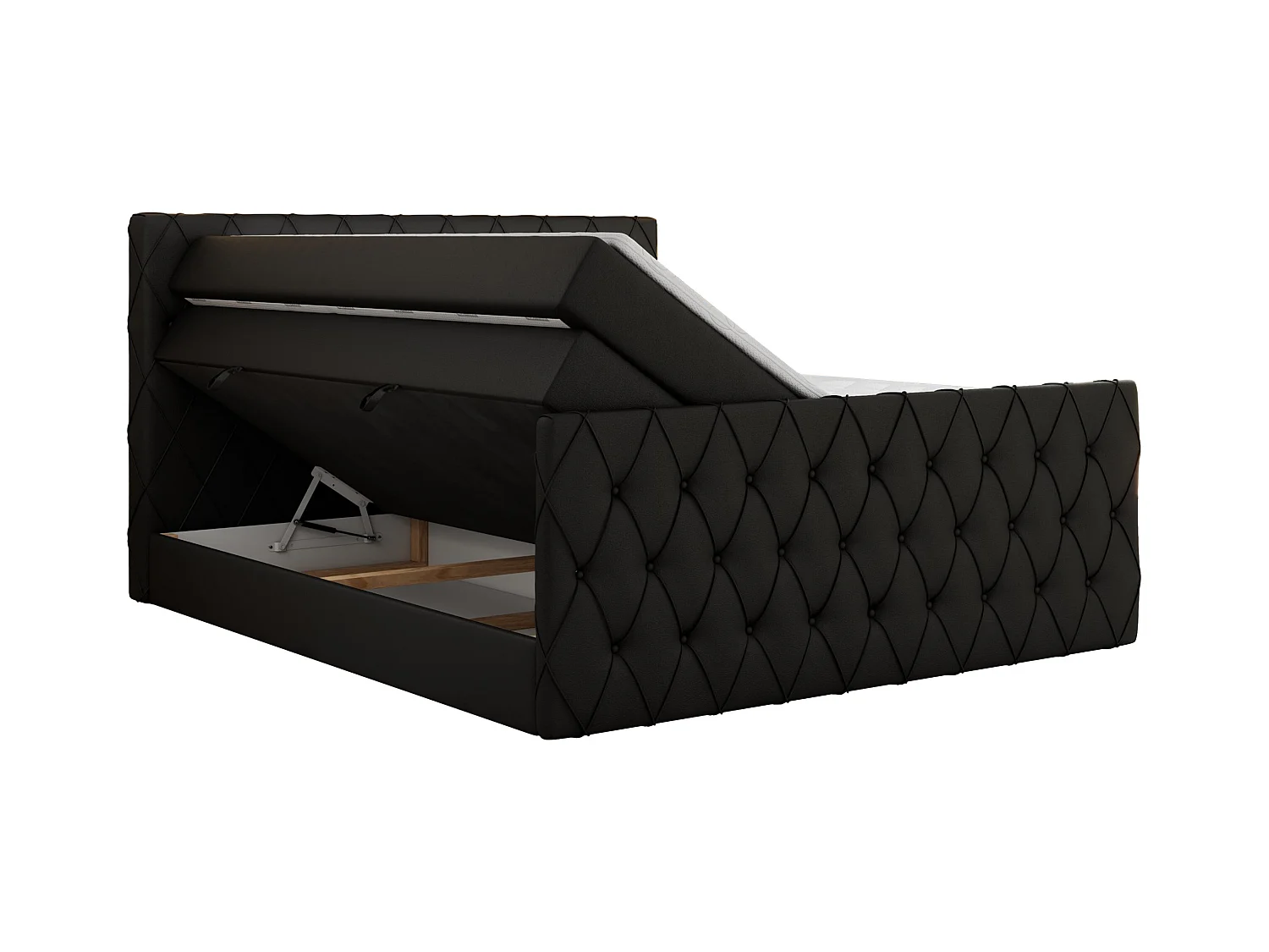 Boxspringbett MIREN KING DUO - für Schlafzimmer mit zwei Multipocket-Matratzen und Topper, gestepptes Kopfteil und Front  - 180x200 cm - H3 - Schwarz Kunstleder