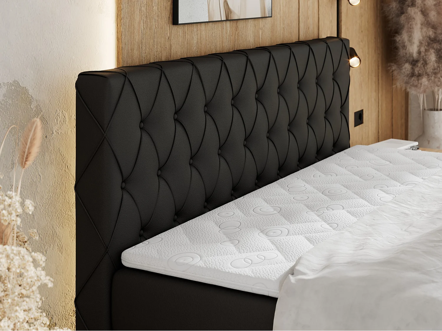 Boxspringbett MIREN KING DUO - für Schlafzimmer mit zwei Multipocket-Matratzen und Topper, gestepptes Kopfteil und Front  - 180x200 cm - H3 - Schwarz Kunstleder